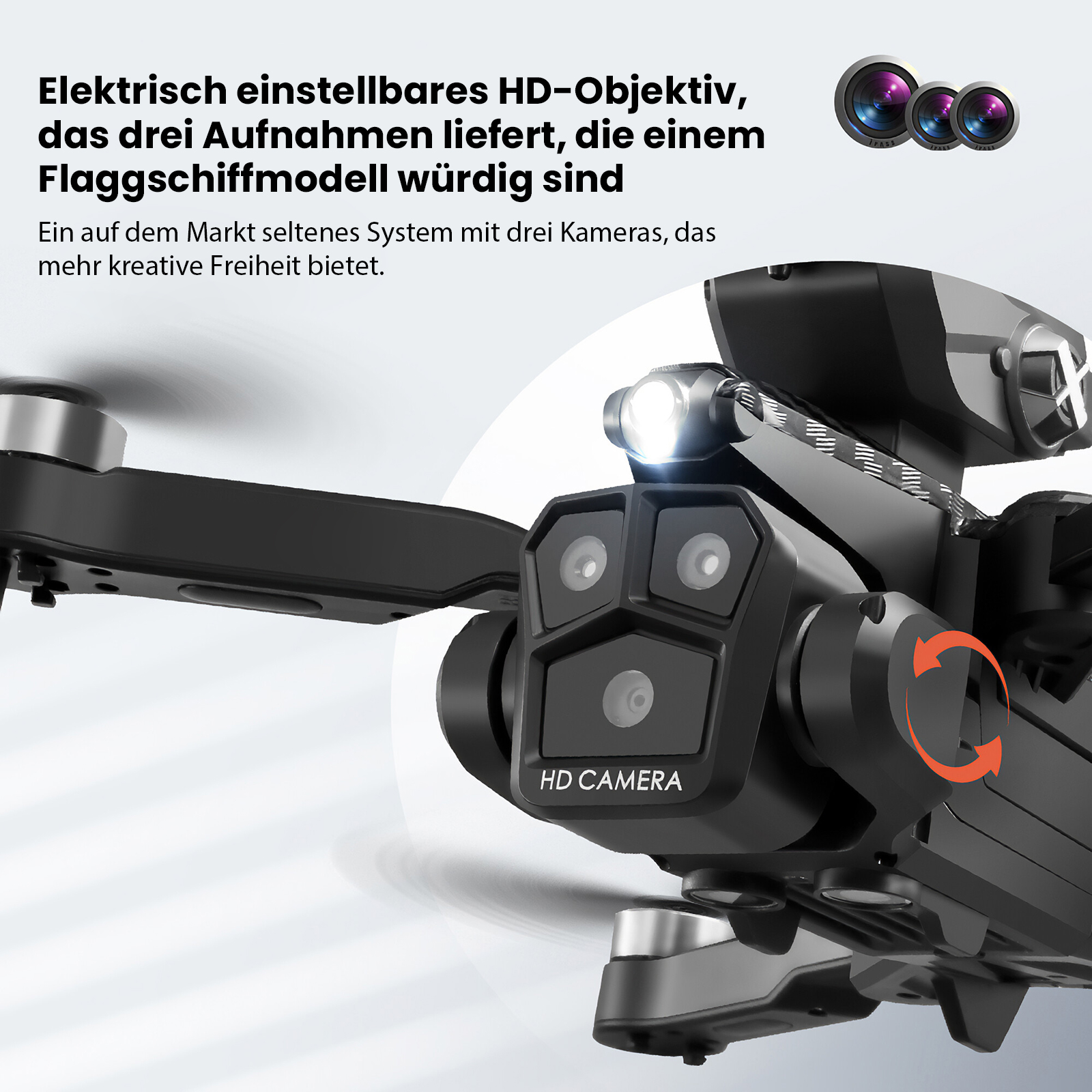 Eine schwarze Drohne mit drei Kameras, hellem Licht und der Aufschrift HD CAMERA ist sichtbar.