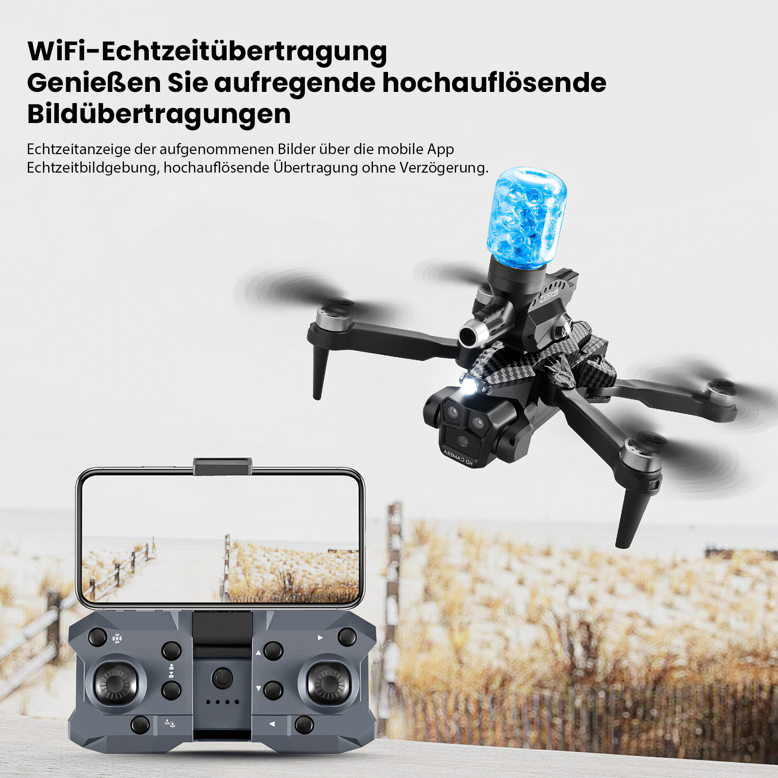 Drohne mit Smartphone-Controller. Drohne hat blaues Licht und zeigt Strandszene auf dem Telefonbildschirm.