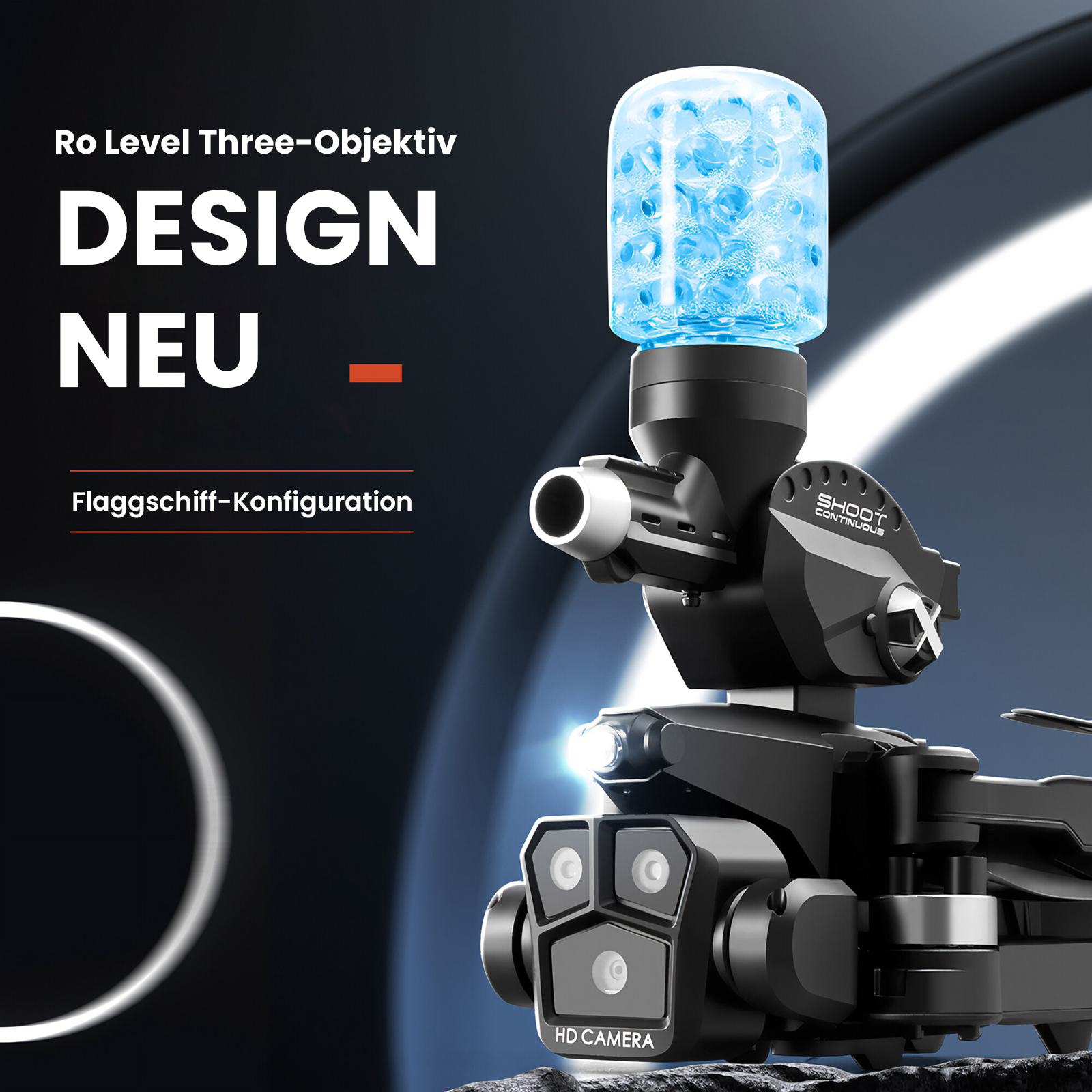 Schwarze Drohne mit blauem Wassertank, HD-Kamera und dem Wort 'DESIGN NEU'. Der Hintergrund ist dunkel mit weißem Ring.