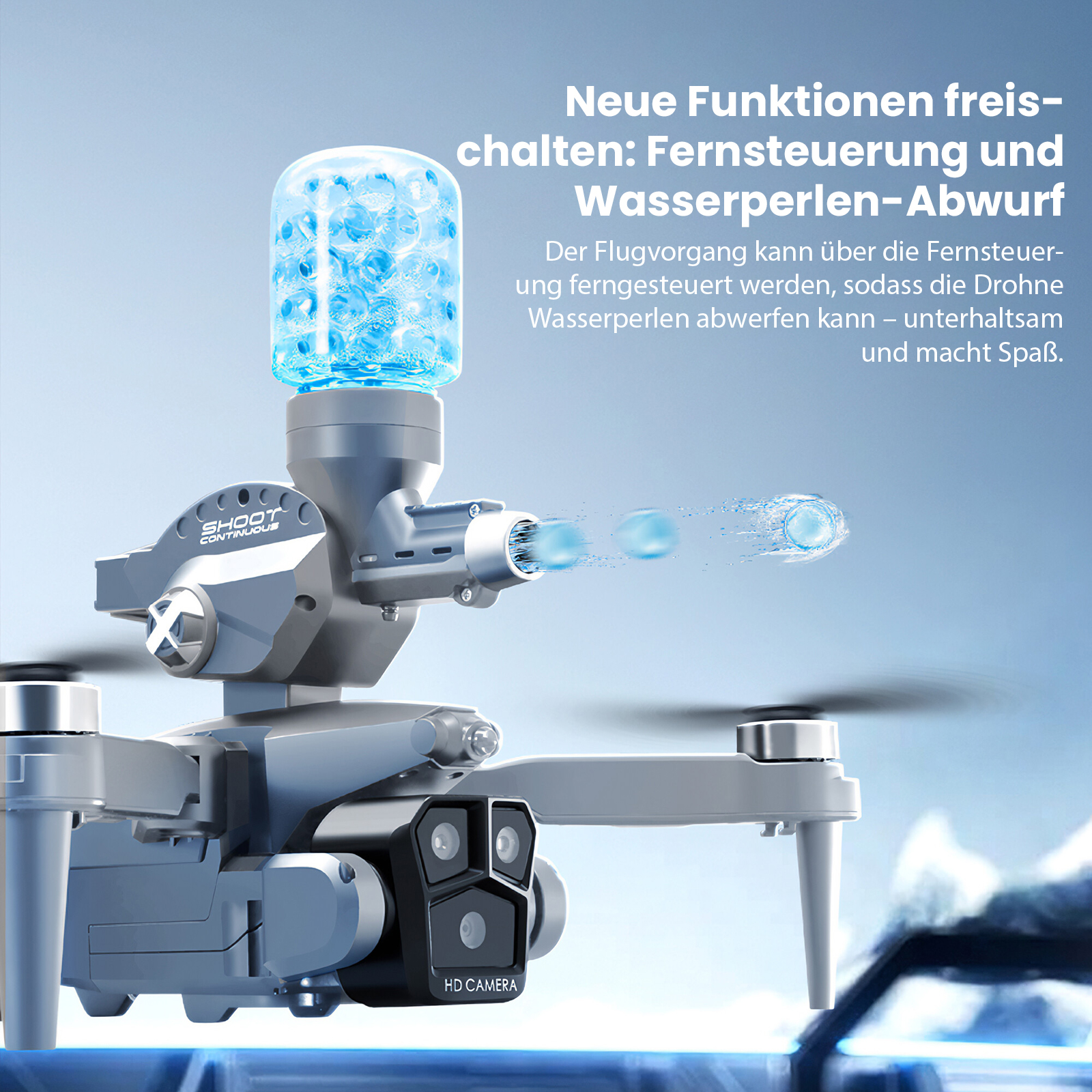 Eine Drohne mit Wasserperlenwerfer. Sie hat eine Kamera und den Text: Shoot Continuous, HD Camera.