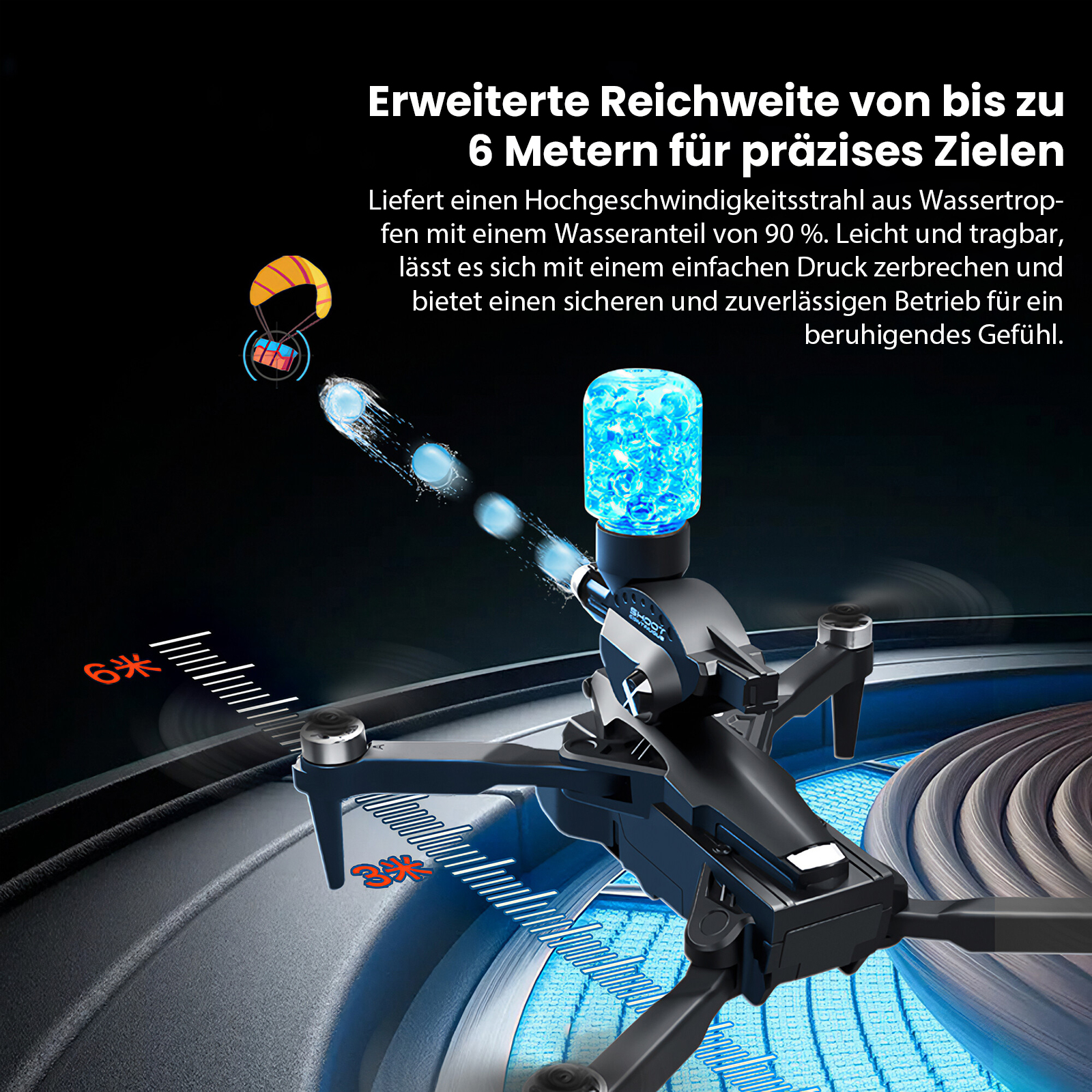 Eine Drohne mit blauem Licht schießt Wasser. Ein kleiner Fallschirm mit einem Paket befindet sich in der Ecke und eine Skala zur Messung der Reichweite.