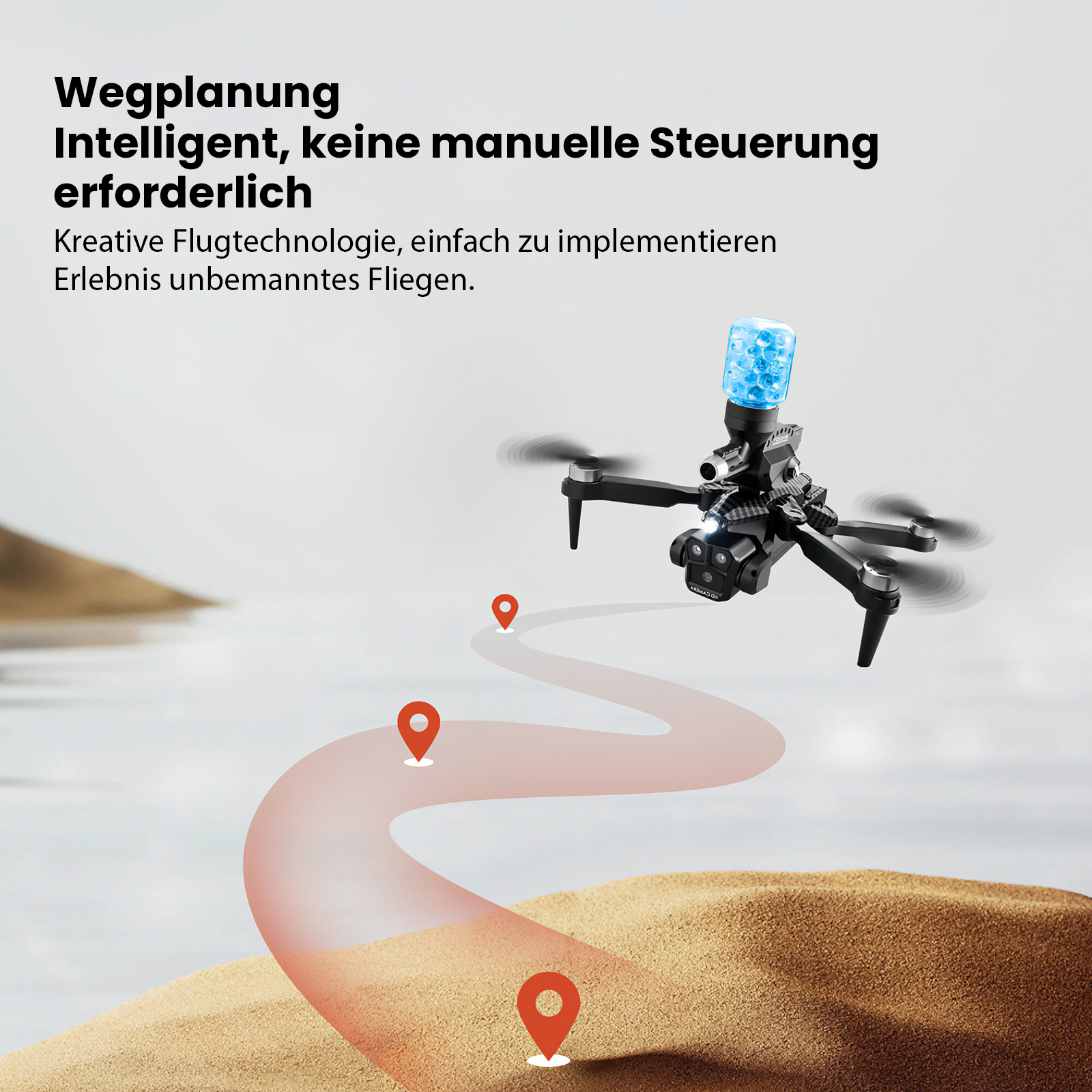 Drohne mit blauem Licht und Propellern fliegt über sandigem Boden und folgt einer Route mit roten Pins.