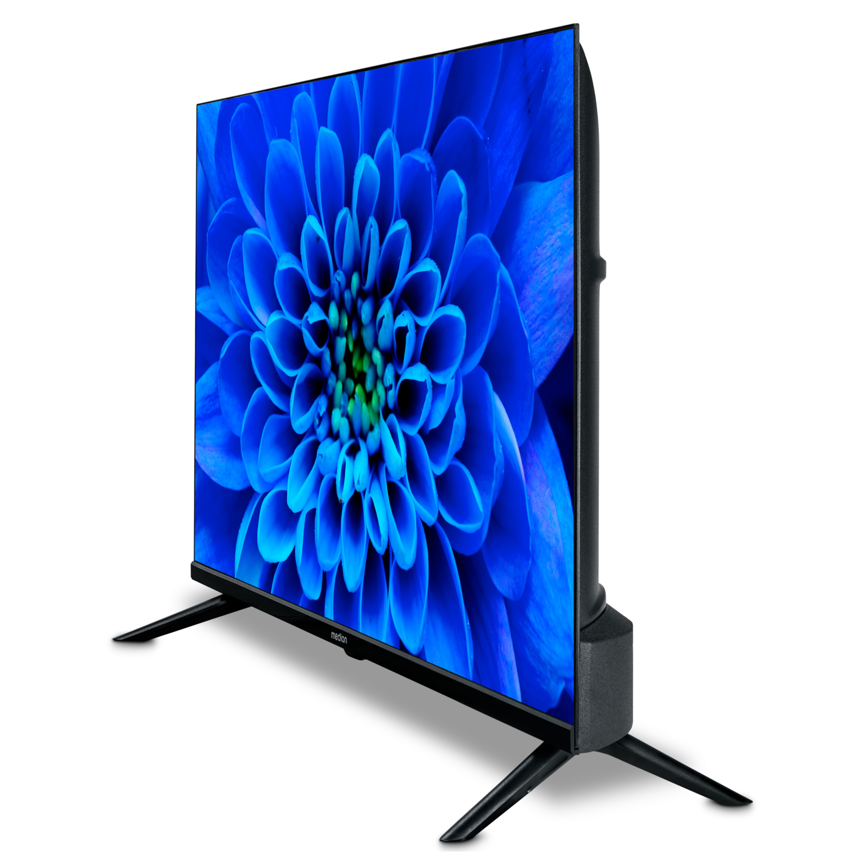 Een tv toont een blauwe bloem. Het heeft zwarte frame en poten, tegen een witte achtergrond.