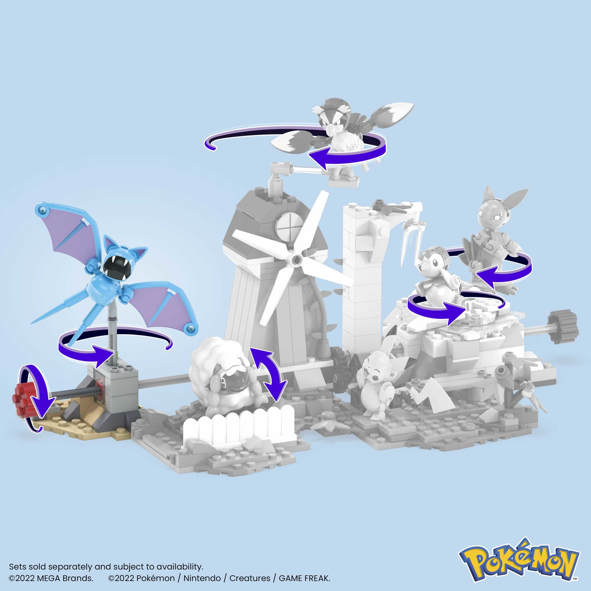 Zestaw konstrukcyjny z różnymi figurkami Pokemonów. Niebieski nietoperz, ptak, owca i inne figurki w krajobrazie.