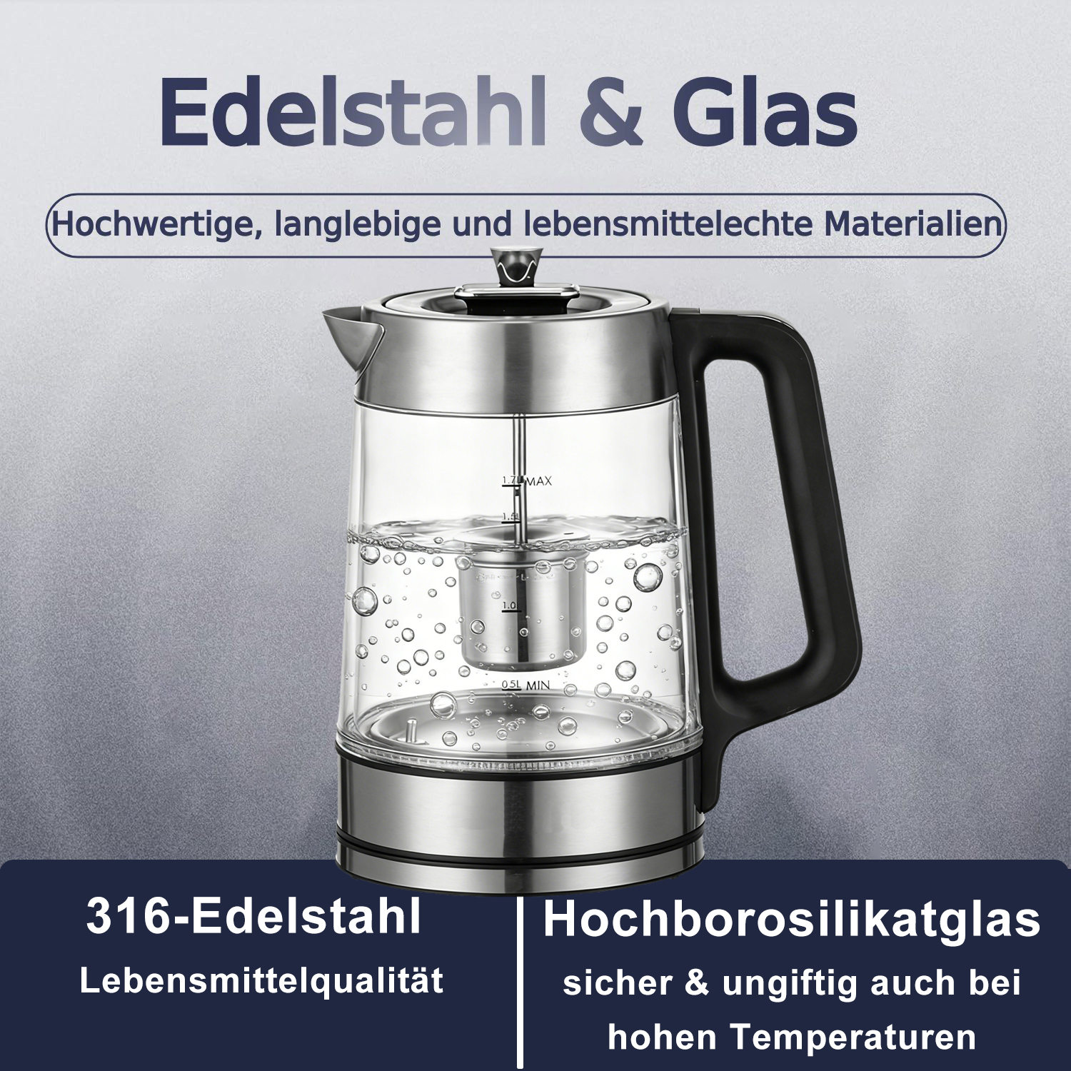 Ein klarer Glas- und Edelstahl-Elektrokessel. Er hat einen schwarzen Griff. Text auf dem Bild wirbt für seine Eigenschaften.