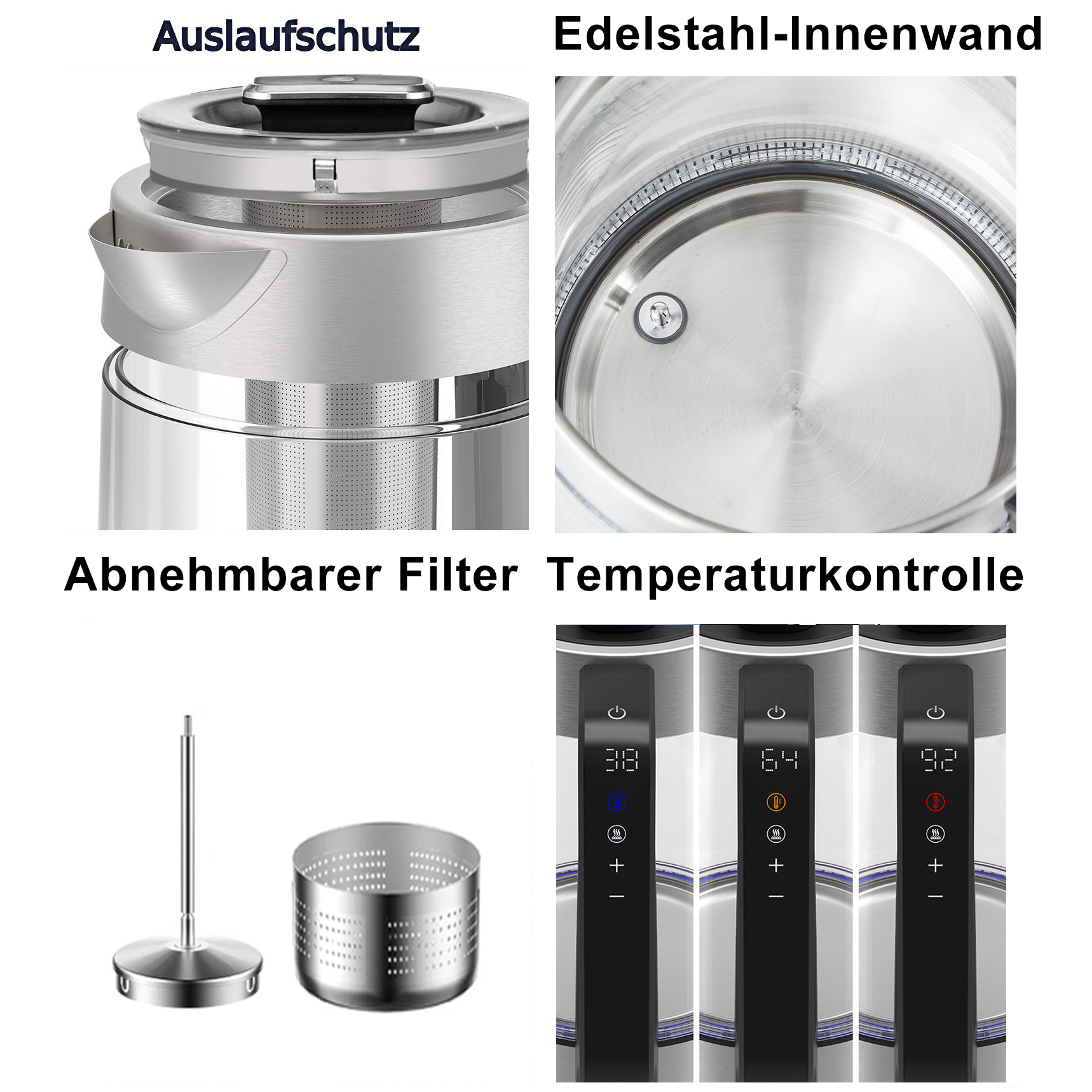 Nahaufnahme eines elektrischen Glaskessels mit Edelstahlkomponenten, die verschiedene Funktionen wie Filter und Temperaturregelung zeigen.