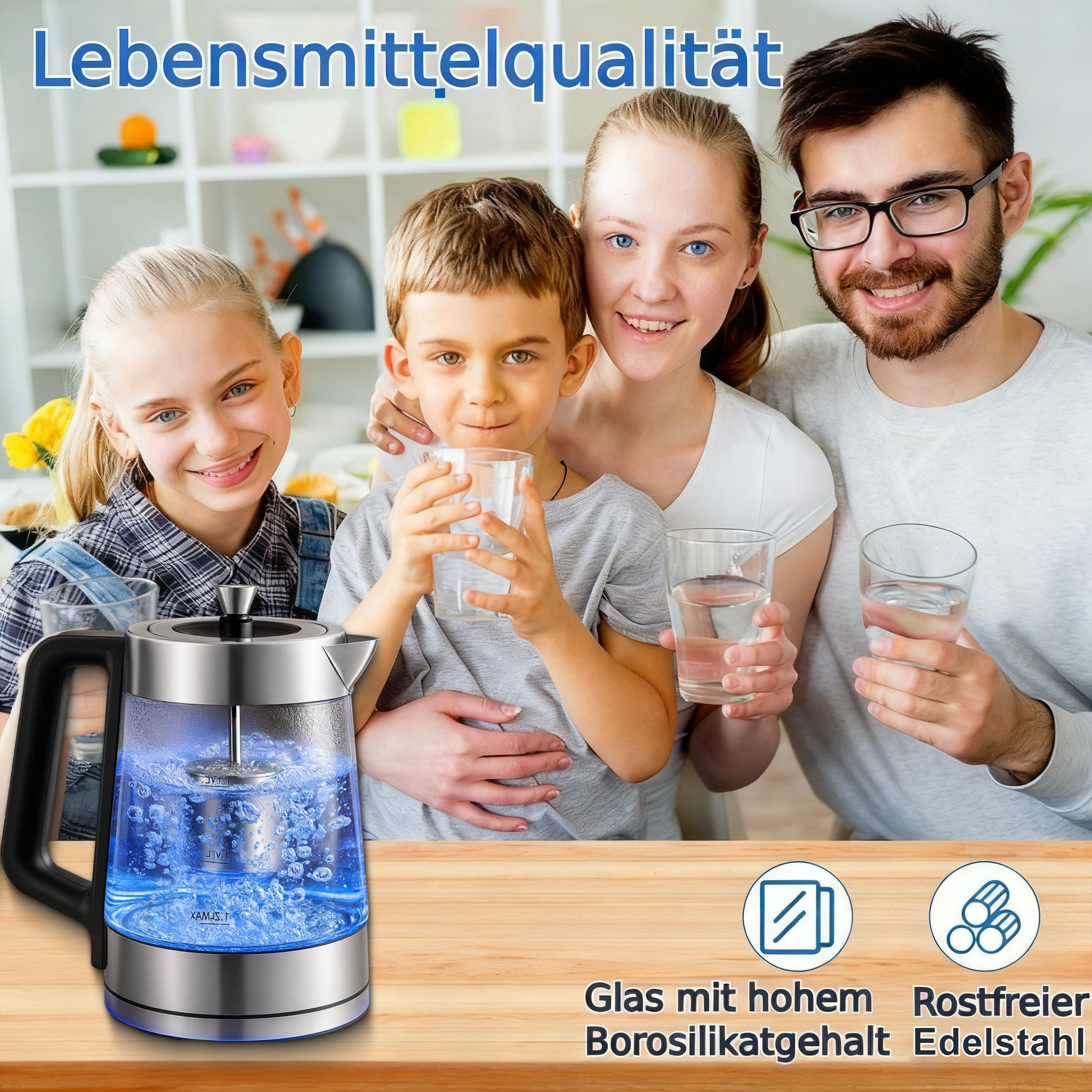 Eine vierköpfige Familie lächelt und hält Wassergläser. Ein beleuchteter Wasserkocher steht im Vordergrund. Text: Lebensmittelqualität.