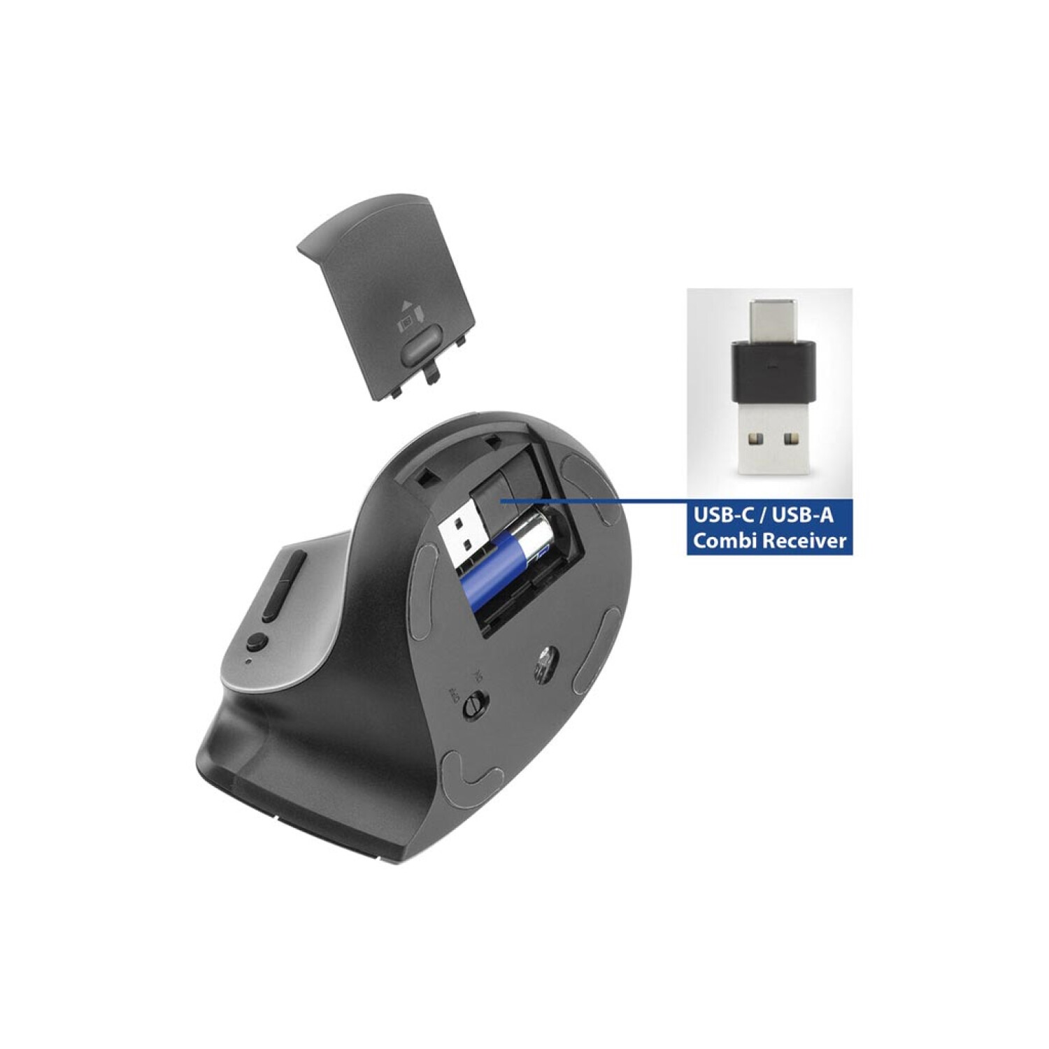An ergonomic mouse with its battery compartment open. A USB-C/USB-A receiver is also shown. The background is white.