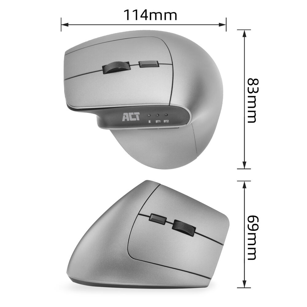 Two gray ergonomic computer mice. Dimensions are displayed: 114mm (width), 83mm and 69mm (height).