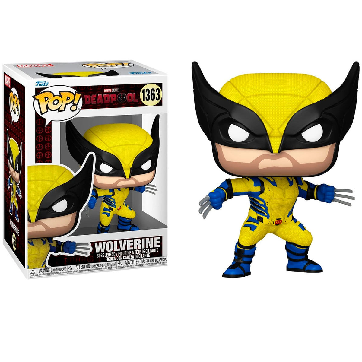 Una figura Funko Pop di Wolverine. Tuta gialla e nera, artigli estesi, davanti alla scatola. La scatola ha i loghi Pop! e Marvel.