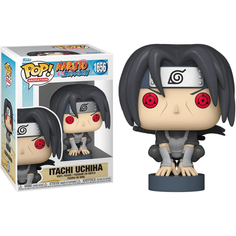 Una figura Funko Pop de Itachi Uchiha de Naruto. Muestra a Itachi en cuclillas, con cabello negro, ojos rojos y una diadema.