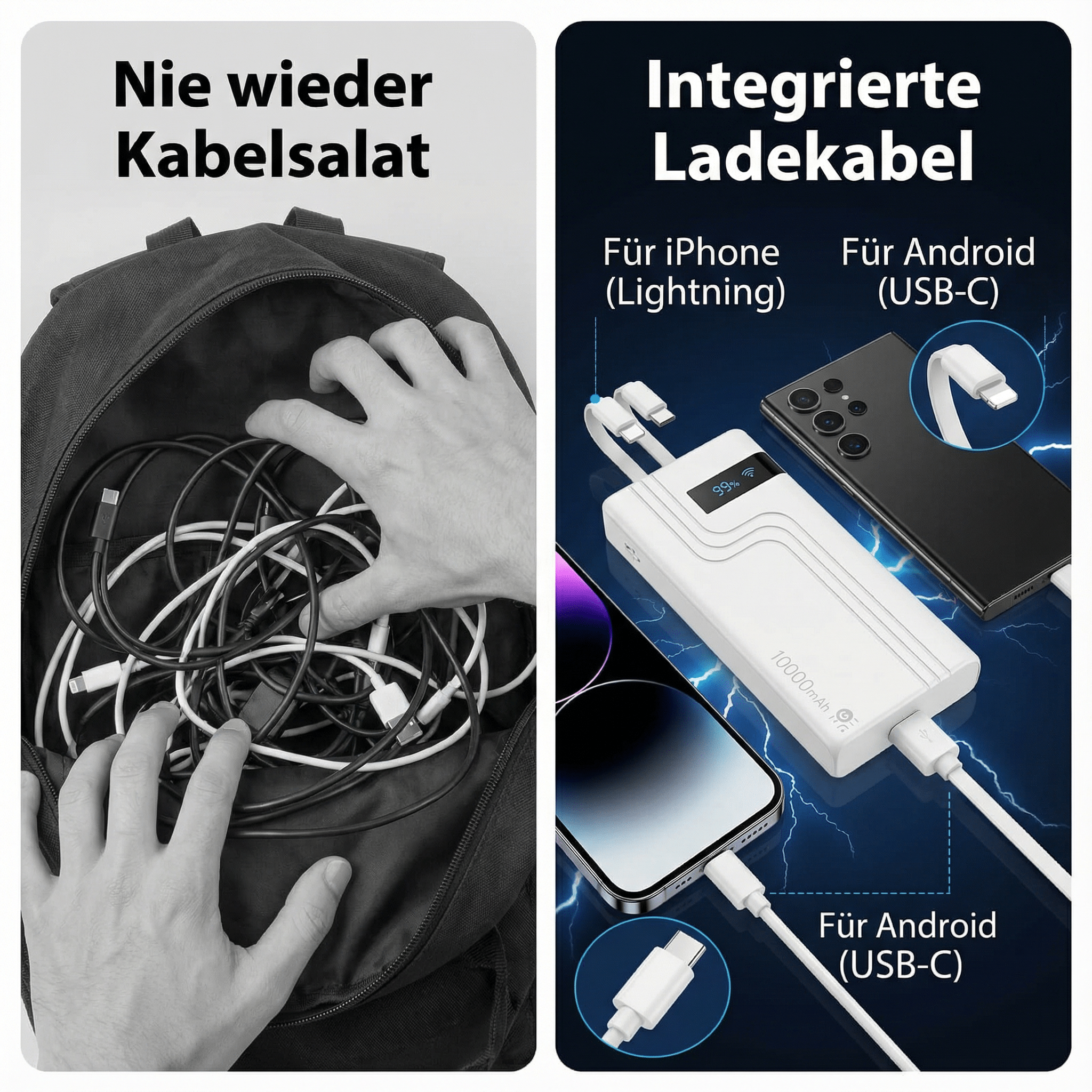 Das Bild zeigt Hände in einer Tasche mit Kabeln. Rechts ist eine Powerbank und Geräte, die geladen werden.