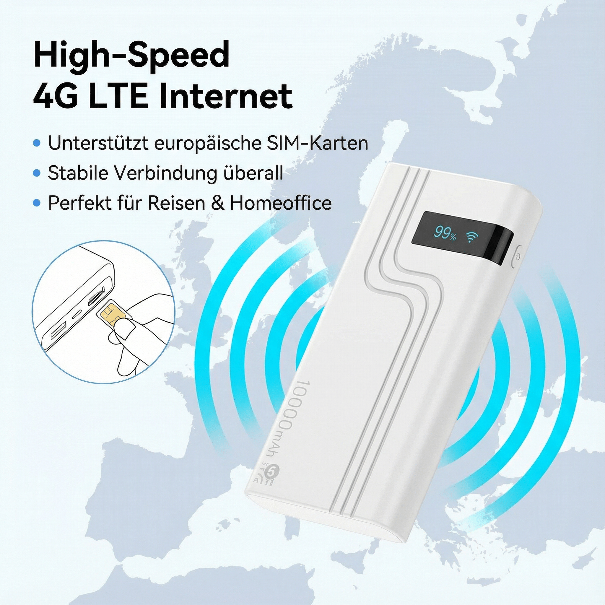 Ein weißes Internetgerät mit einem Bildschirm, der 99 % anzeigt. Der Text lautet 'High-Speed 4G LTE Internet'.