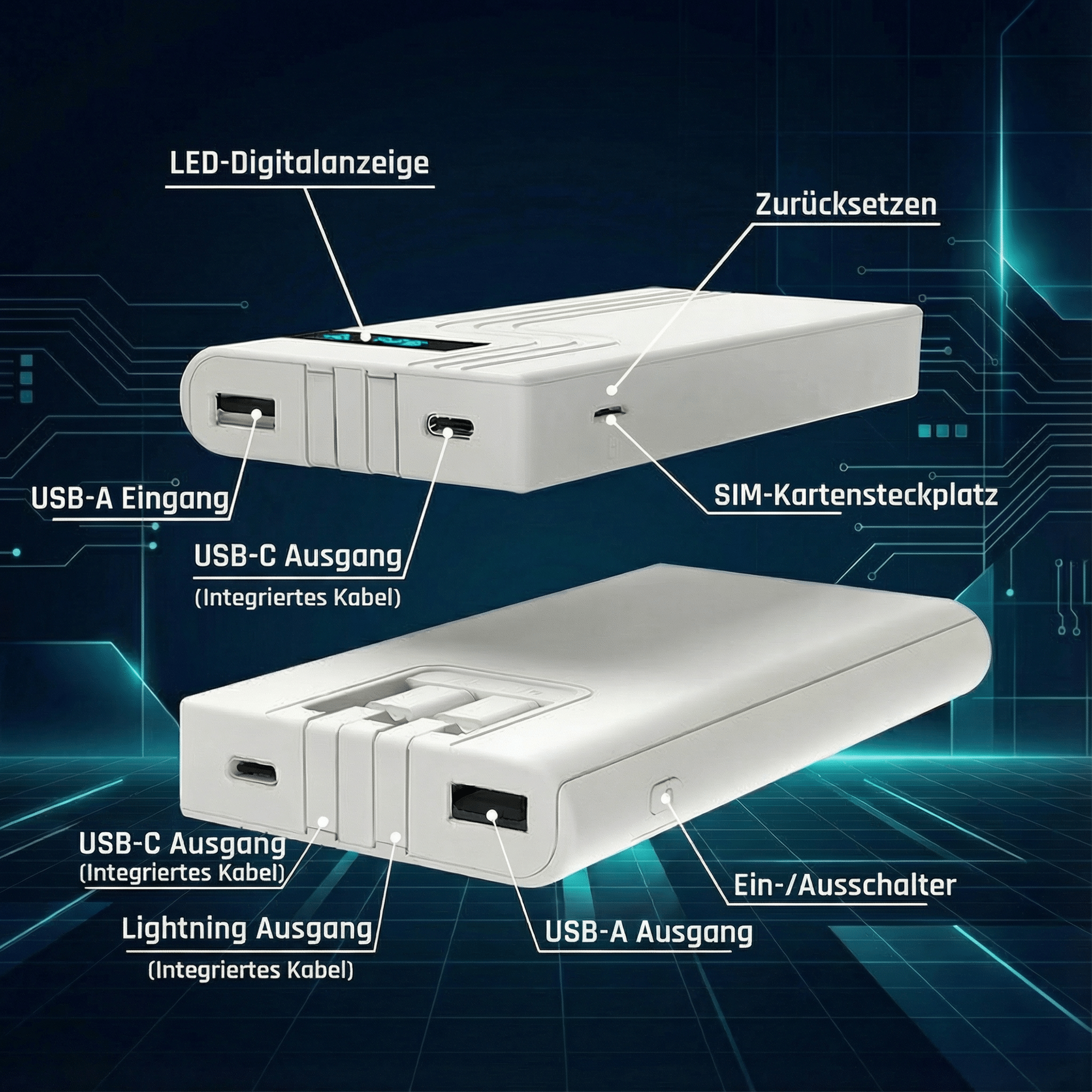 Das Bild zeigt eine weiße Powerbank mit beschrifteten Anschlüssen. Enthält LED-Anzeige, USB-A- und C-Anschlüsse und Ein-/Ausschalter.