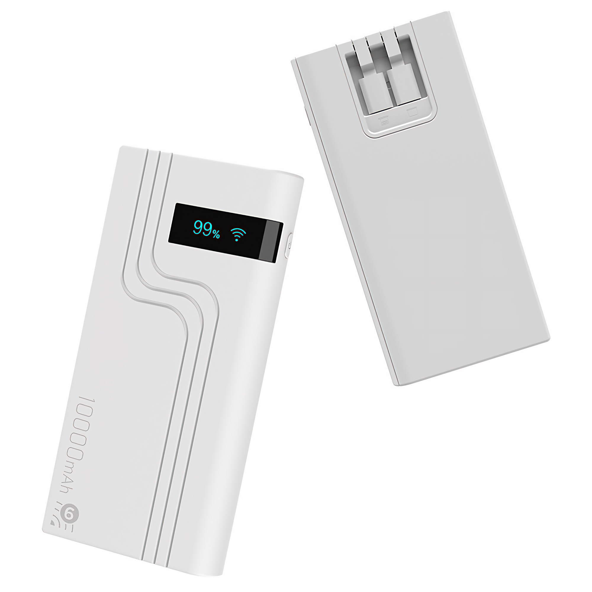 Zwei weiße Powerbanks, eine zeigt 99 % Ladung an. Eine hat einen Schlitz oben. Beide auf weißem Hintergrund.
