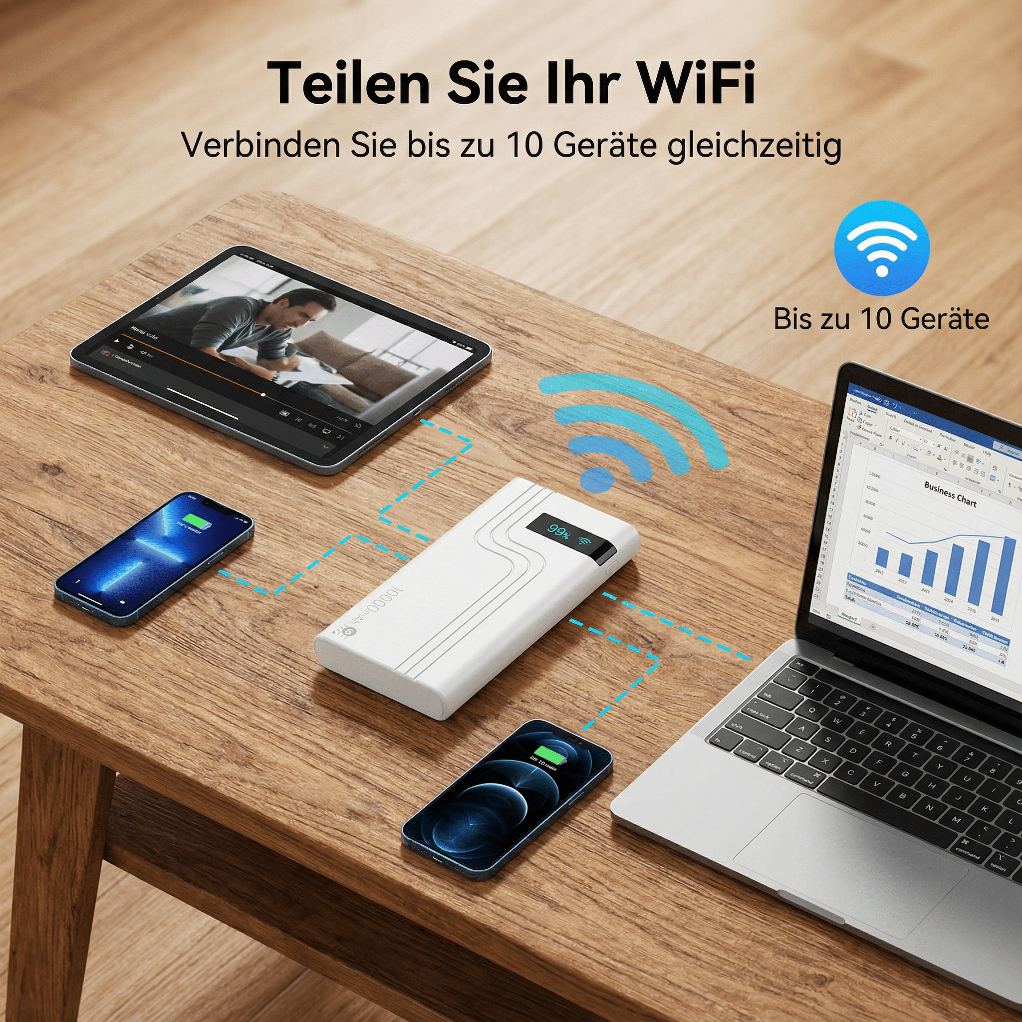 Holztisch mit Laptop, Tablet und Telefonen. Ein weißes Gerät steht in der Mitte mit WLAN-Signalen.