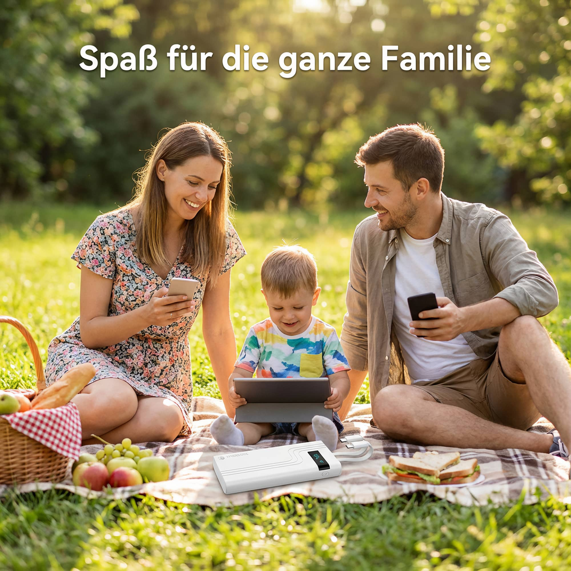Familienpicknick. Eltern mit Handys, Kind mit Tablet. Lebensmittelkorb und Powerbank auf Decke. Grüner Hintergrund.