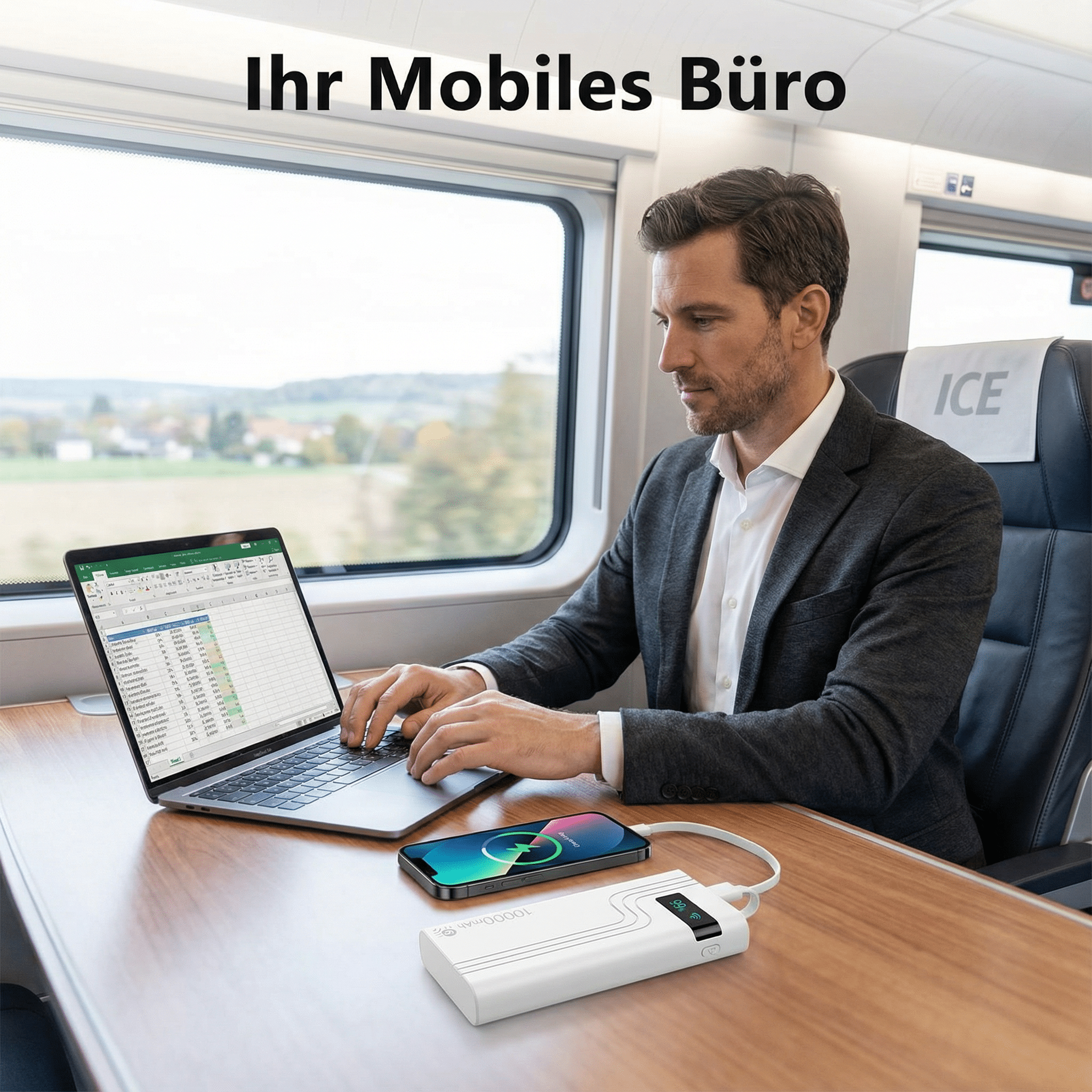 Mann im Zug arbeitet am Laptop. Telefon wird über Powerbank geladen. ICE-Kopfstütze sichtbar.