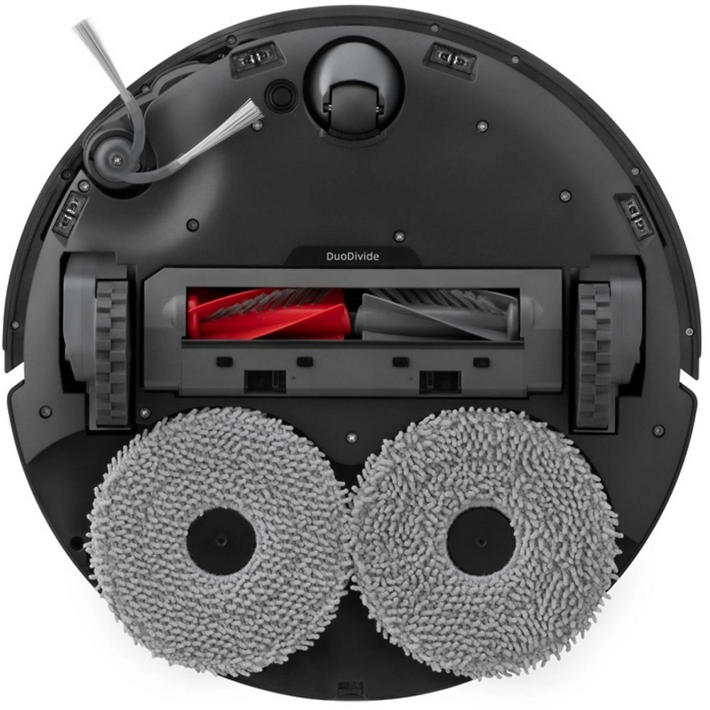 Parte inferiore di un robot aspirapolvere. Include una spazzola rossa, due panni grigi e la scritta DuoDivide.