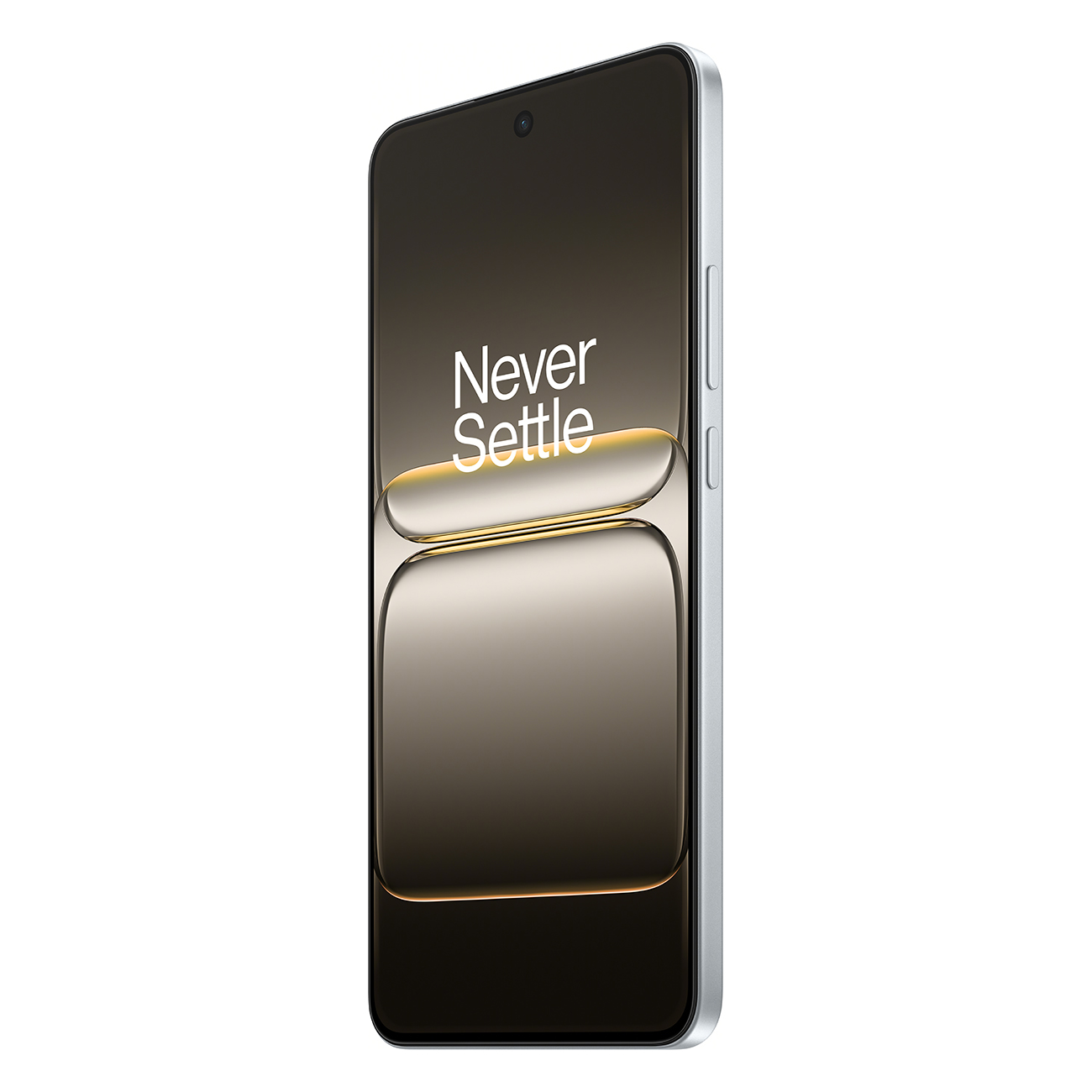 Een zilveren smartphone met een zwart scherm waarop 'Never Settle' staat. De telefoon heeft een camera aan de voorkant en staat op een witte achtergrond.