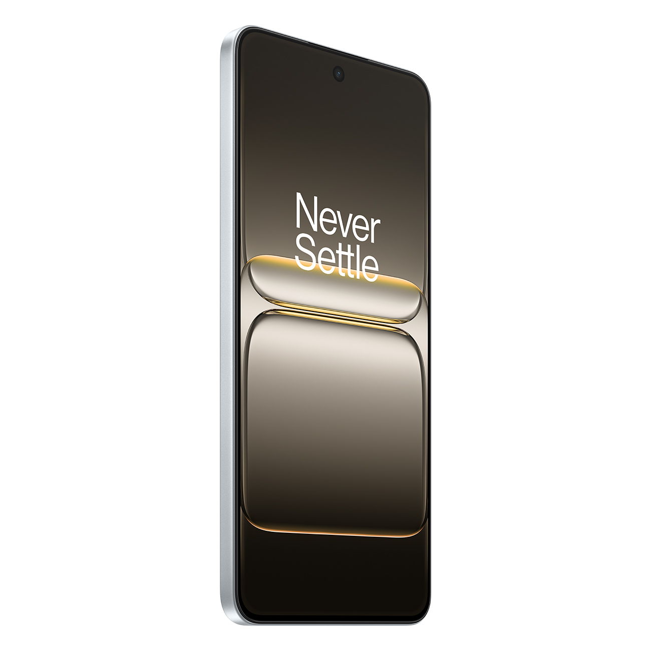 Een smartphone met een zilveren frame, het scherm toont 'Never Settle'. Het scherm heeft een verloop van donkerbruin naar lichtbruin.