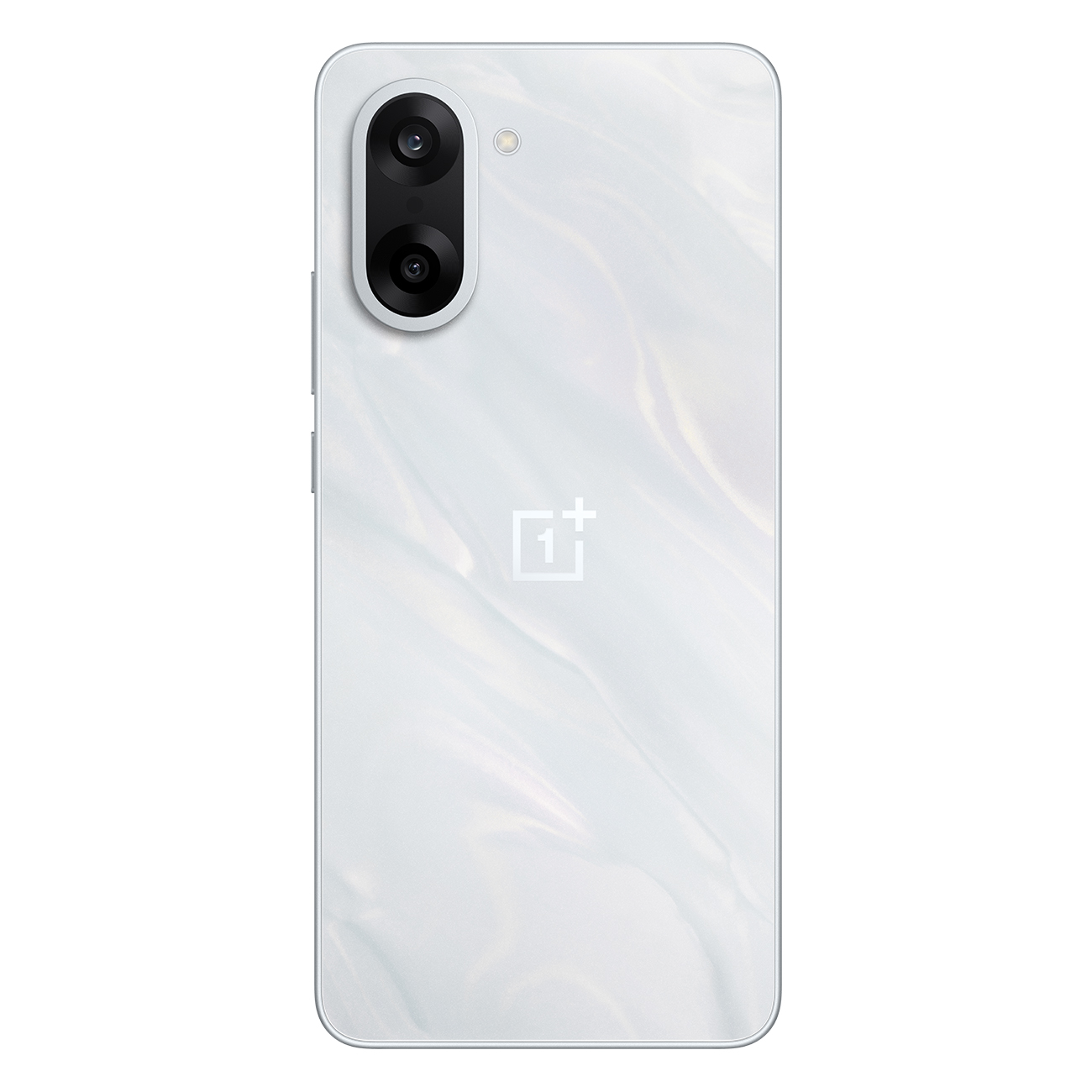 Witte smartphone achterkant. Dubbele camera bovenaan, OnePlus logo in het midden. Parelmoer afwerking met subtiele patronen. Knoppen aan de zijkant.