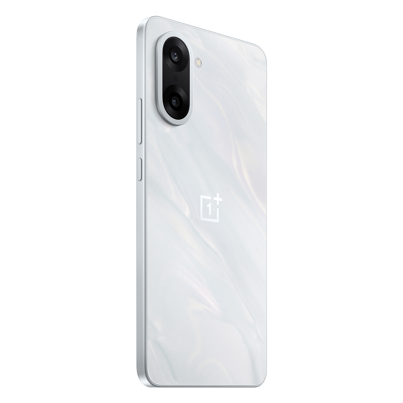 Een witte OnePlus-telefoon met een marmerachtige textuur. Het heeft een dubbele camera-opstelling en een OnePlus-logo. Volumeknoppen aan de zijkant.