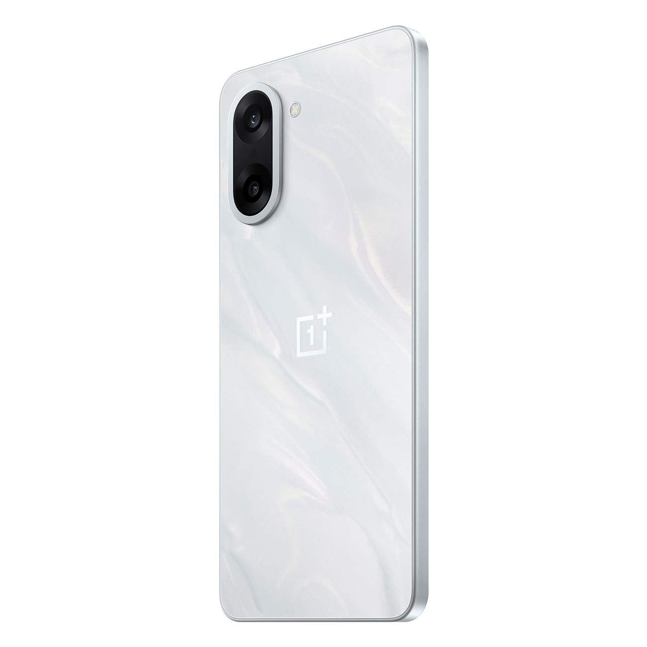 Een witte smartphone met een parelachtige achterkant. Het heeft een cameramodule met twee lenzen en een OnePlus-logo.