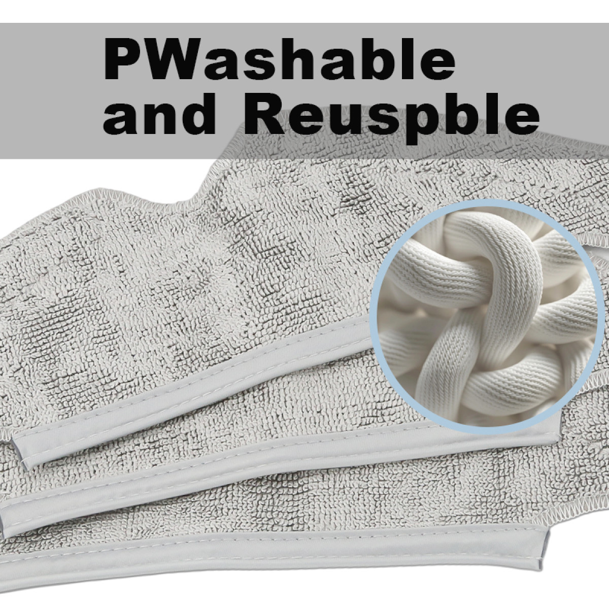 Obraz przedstawia zmywalne i wielokrotnego użytku nakładki czyszczące ze zbliżeniem białej liny. Nakładki są szare z białymi obwódkami.