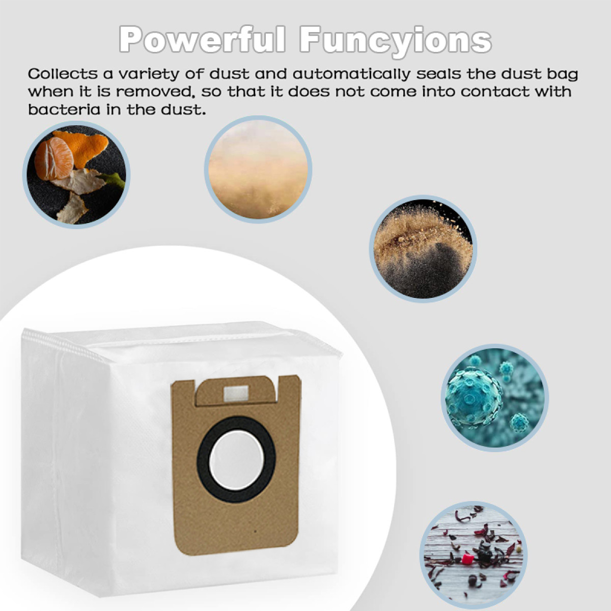 Biały worek do odkurzacza z brązowym filtrem i czarnym okręgiem. Małe zdjęcia kurzu, owoców i zarazków otaczają worek.
