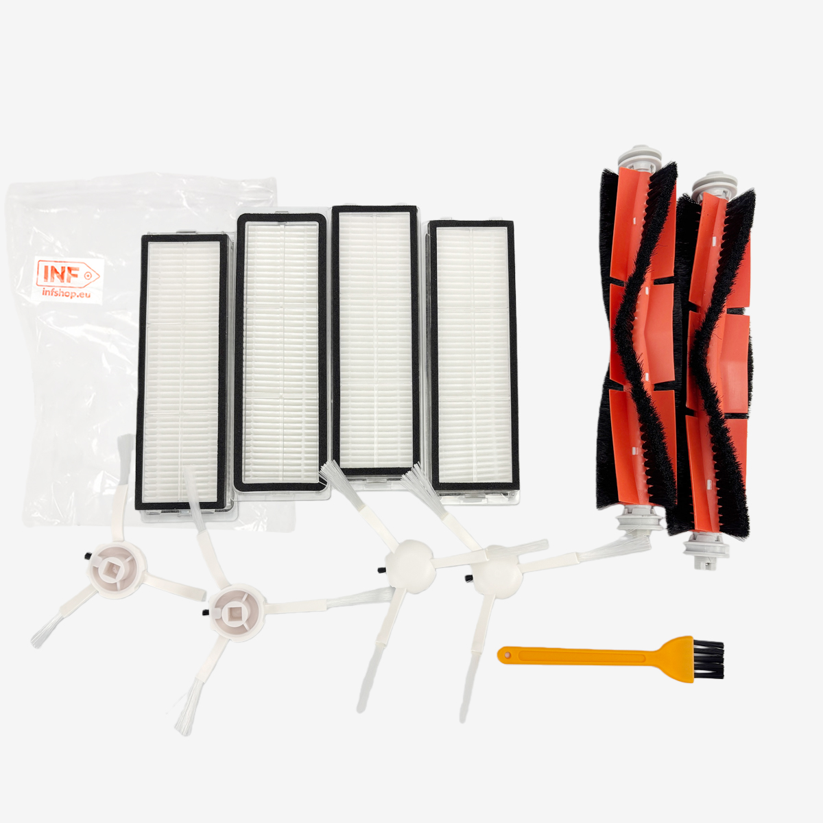 Części zamienne do robota odkurzacza: filtry, szczotki i narzędzia czyszczące na białym tle.