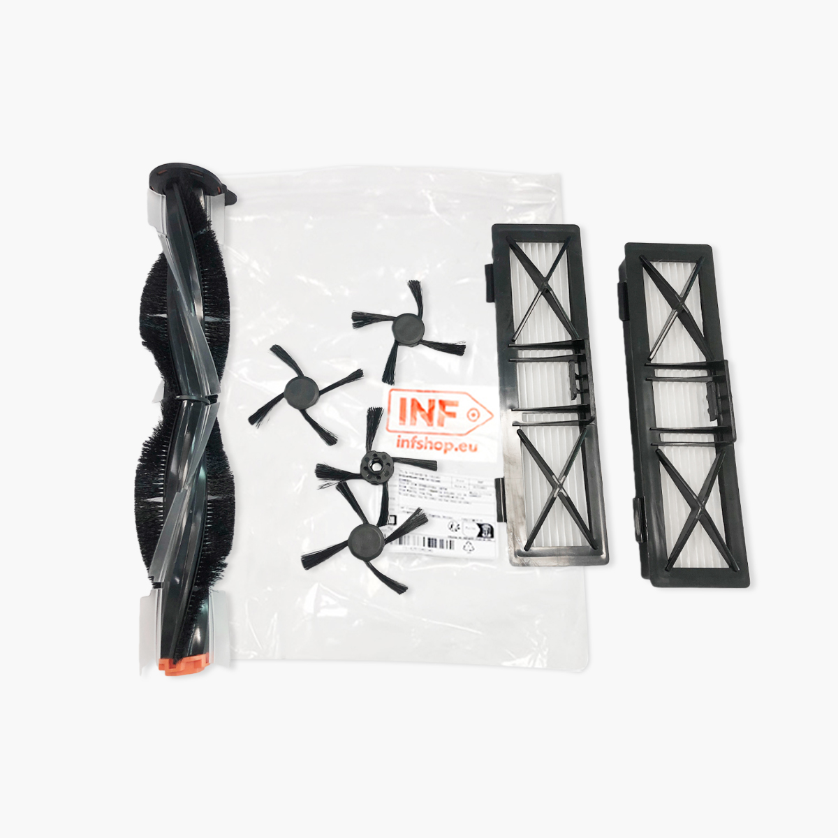 Części do odkurzacza: szczotka, filtry i małe czarne obrotowe szczotki ułożone na białym tle.