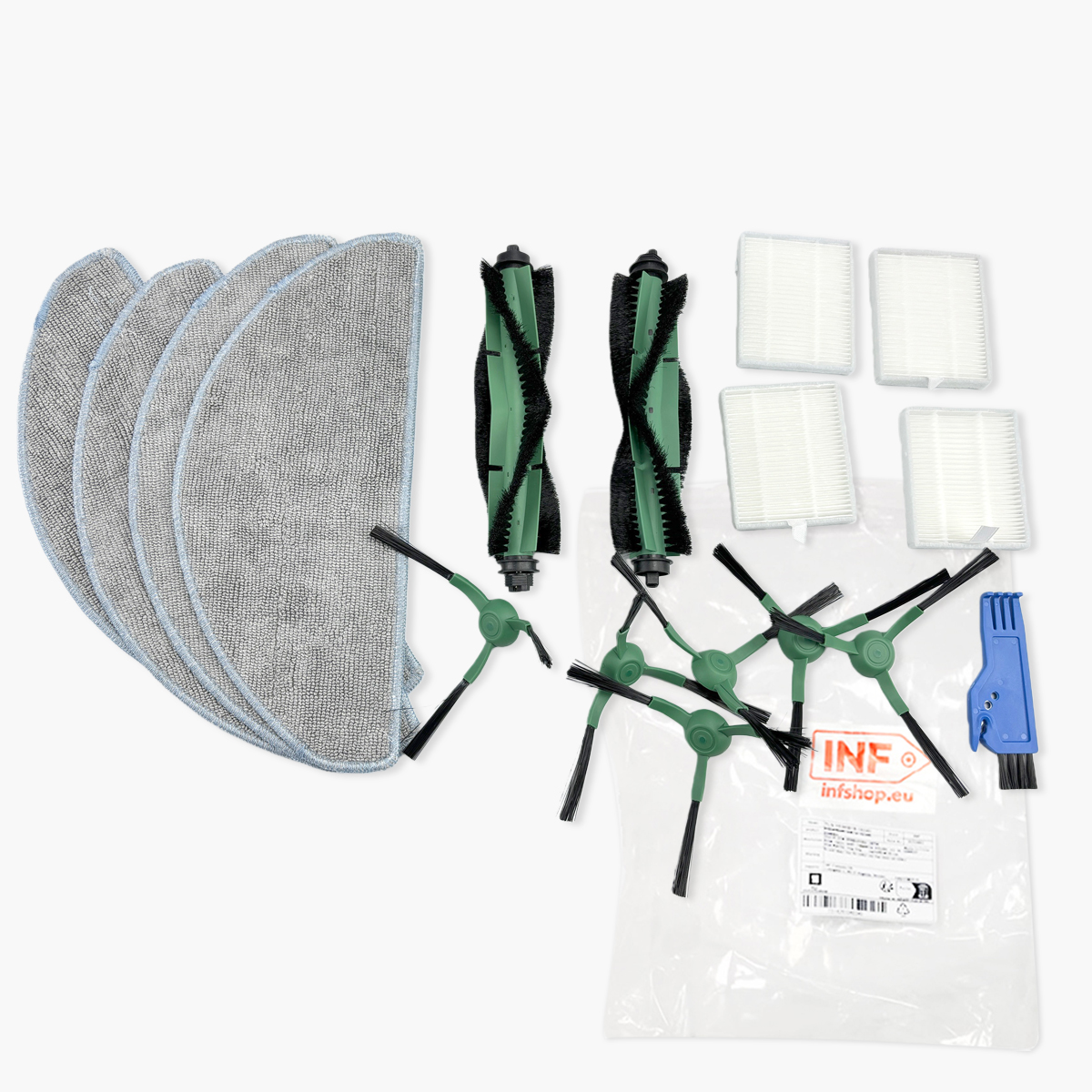 Zestaw akcesoriów do robota sprzątającego, w tym mopy, szczotki, filtry i narzędzie do czyszczenia, na białym tle.