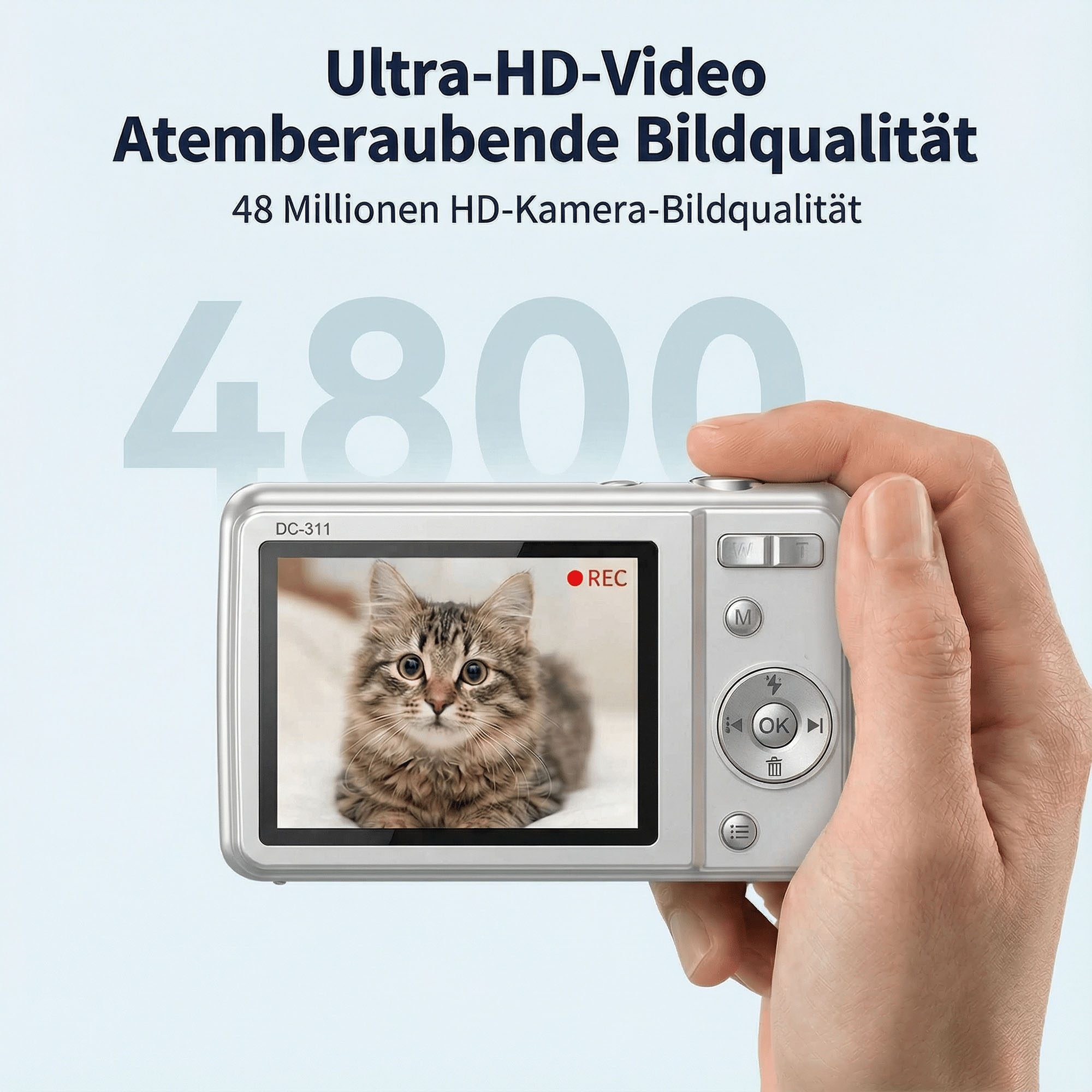 Eine Hand hält eine silberne Kamera, die ein Katzenbild anzeigt. Text oben: Ultra-HD-Video, 48 Millionen HD-Kamera-Bildqualität.
