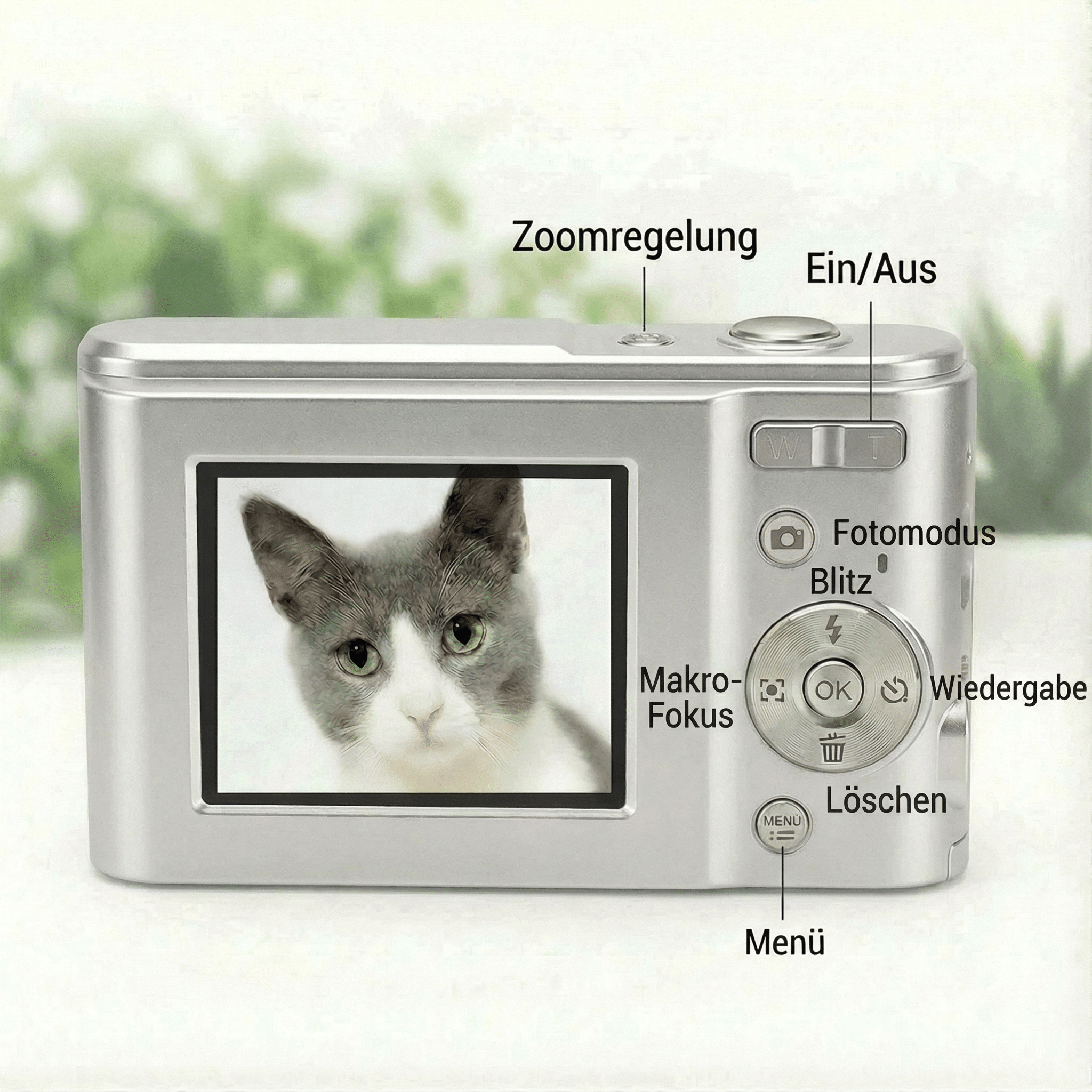 Eine silberne Digitalkamera zeigt ein Katzenfoto auf dem Bildschirm. Knöpfe sind auf Deutsch beschriftet.