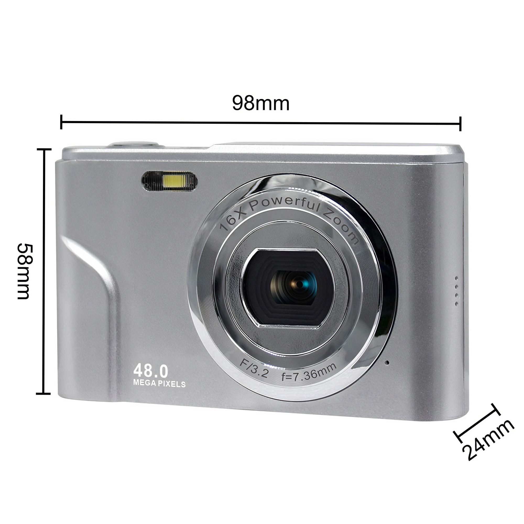 Silberne Digitalkamera mit Maßangaben. Merkmale: Zoomobjektiv, 48 MP und Blitz.