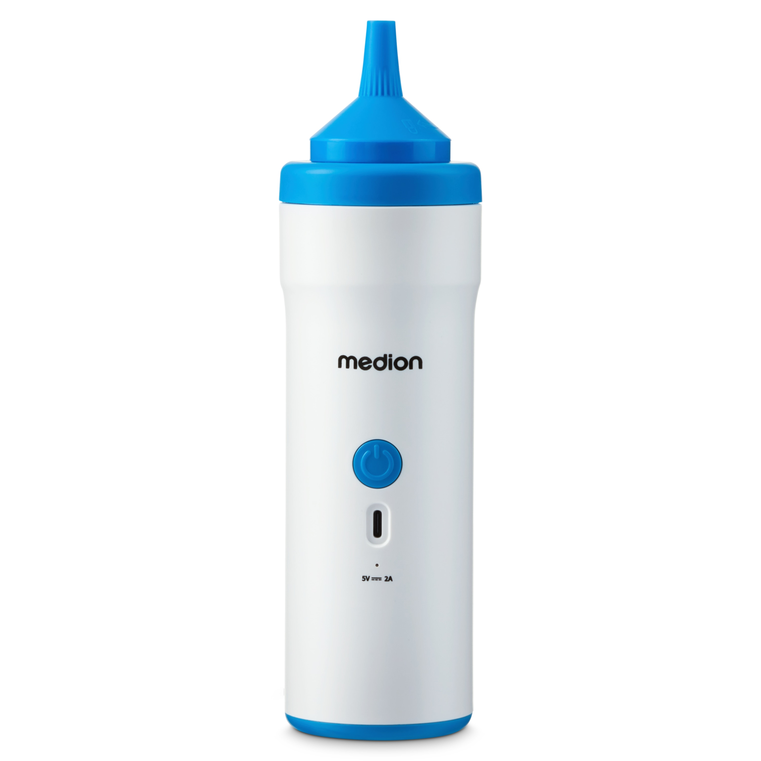 A white and blue Medion nasal irrigator. It has a blue nozzle, power button, and a charging port. The base is also blue.