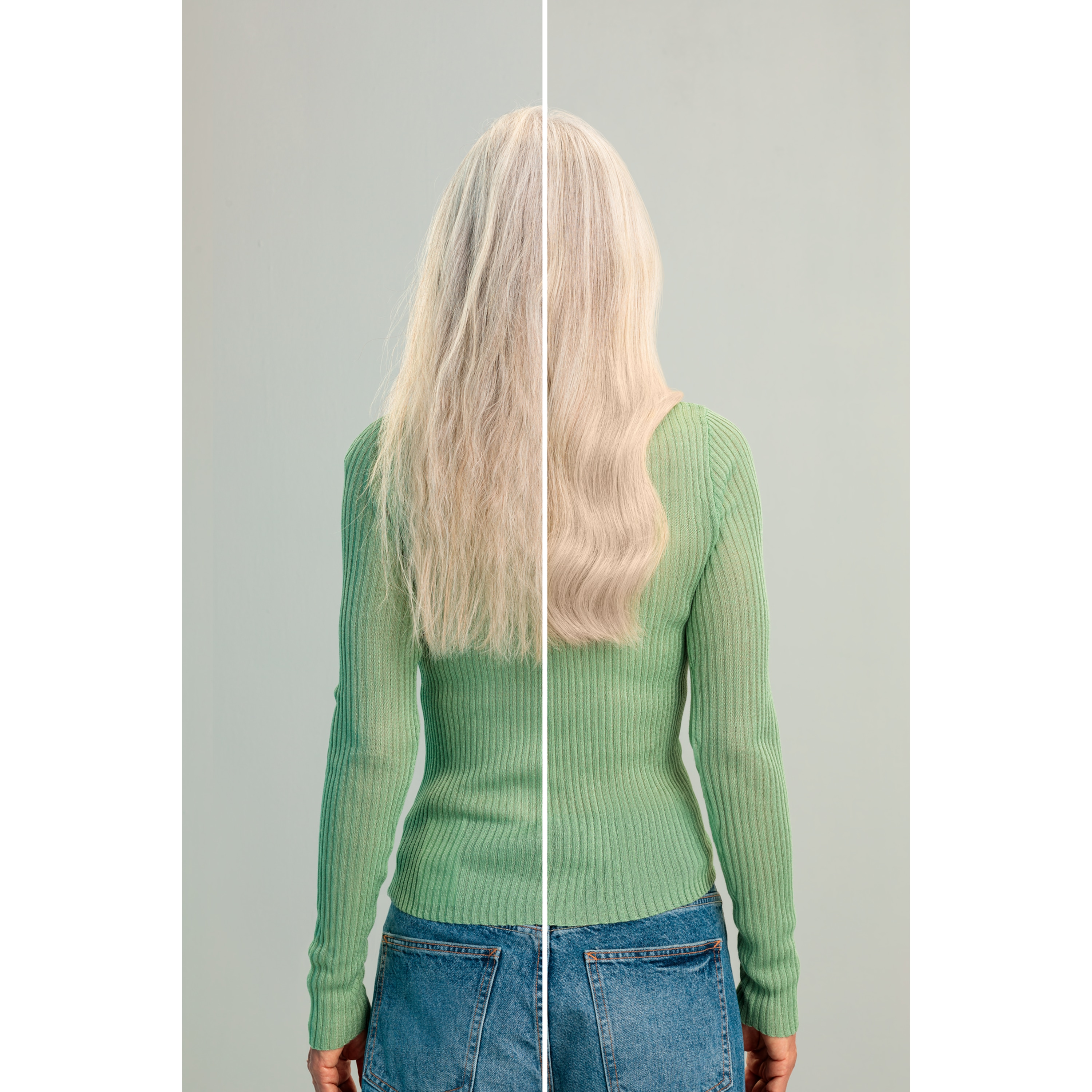 Kobieta od tyłu, podzielony obraz. Lewa strona: zniszczone blond włosy. Prawa strona: zdrowe blond włosy. Zielony top, dżinsy.