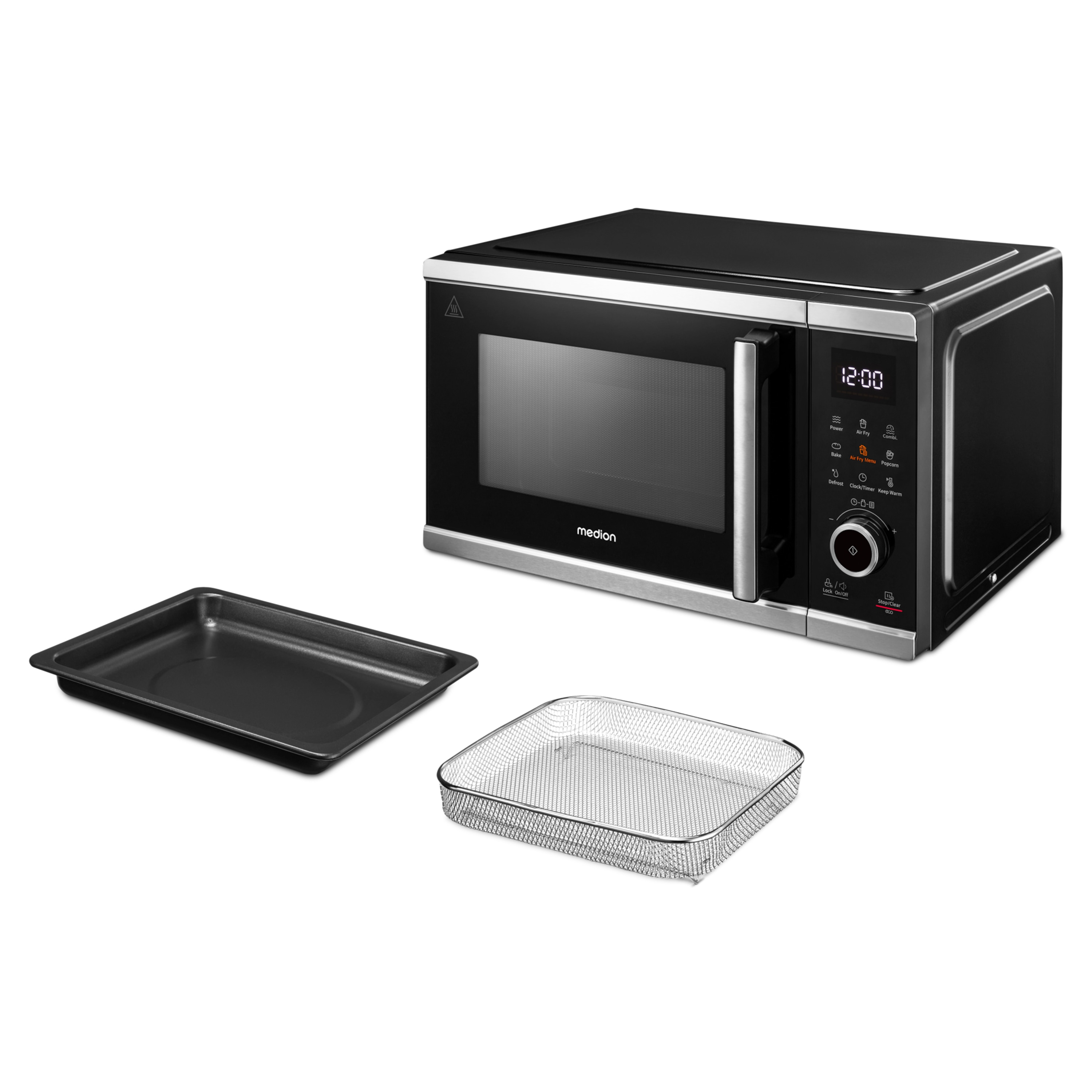 Un microondas Medion negro con accesorios. Incluye una bandeja para hornear y una cesta de alambre.