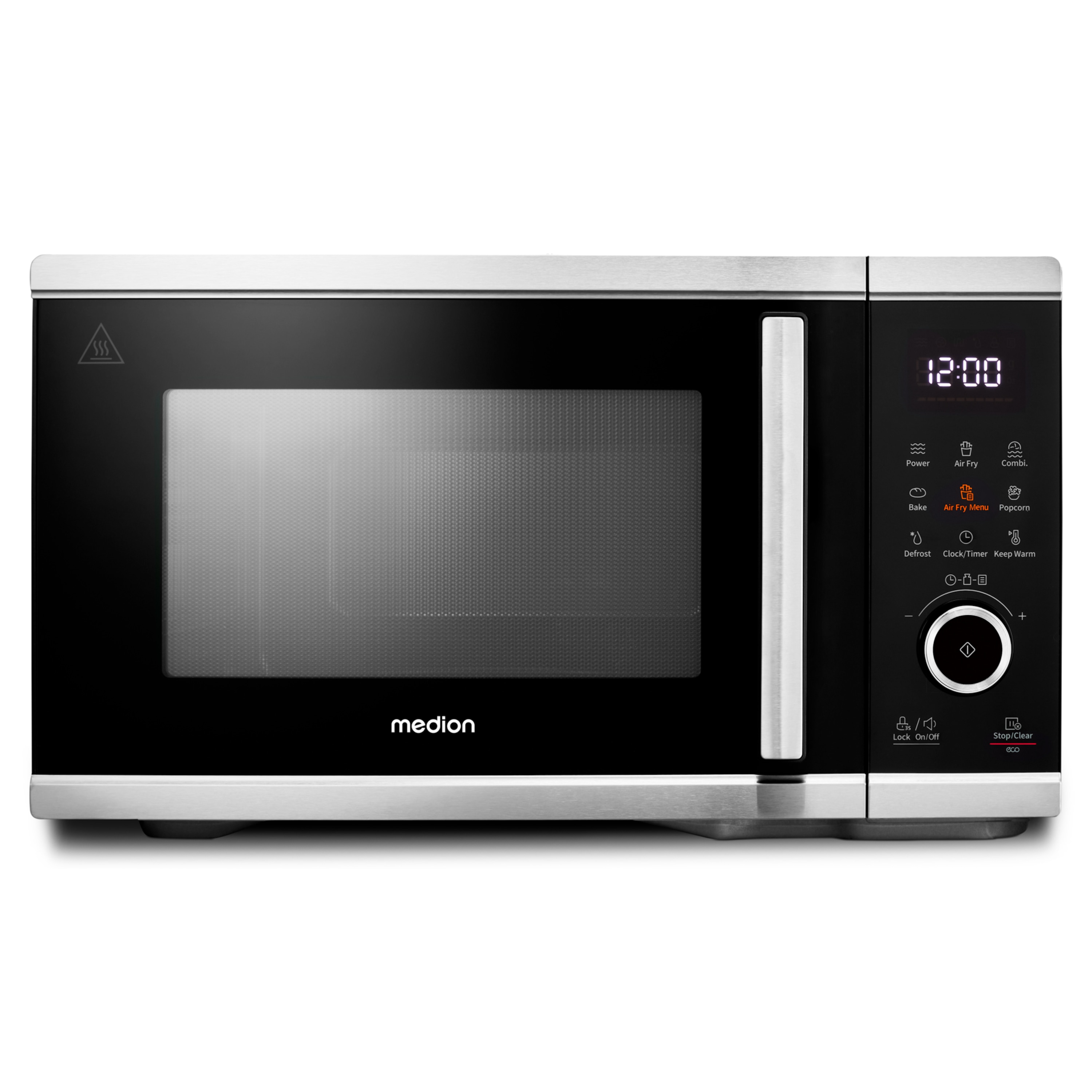 Un microondas Medion plateado y negro. Tiene una pantalla de reloj digital y varios botones de función.