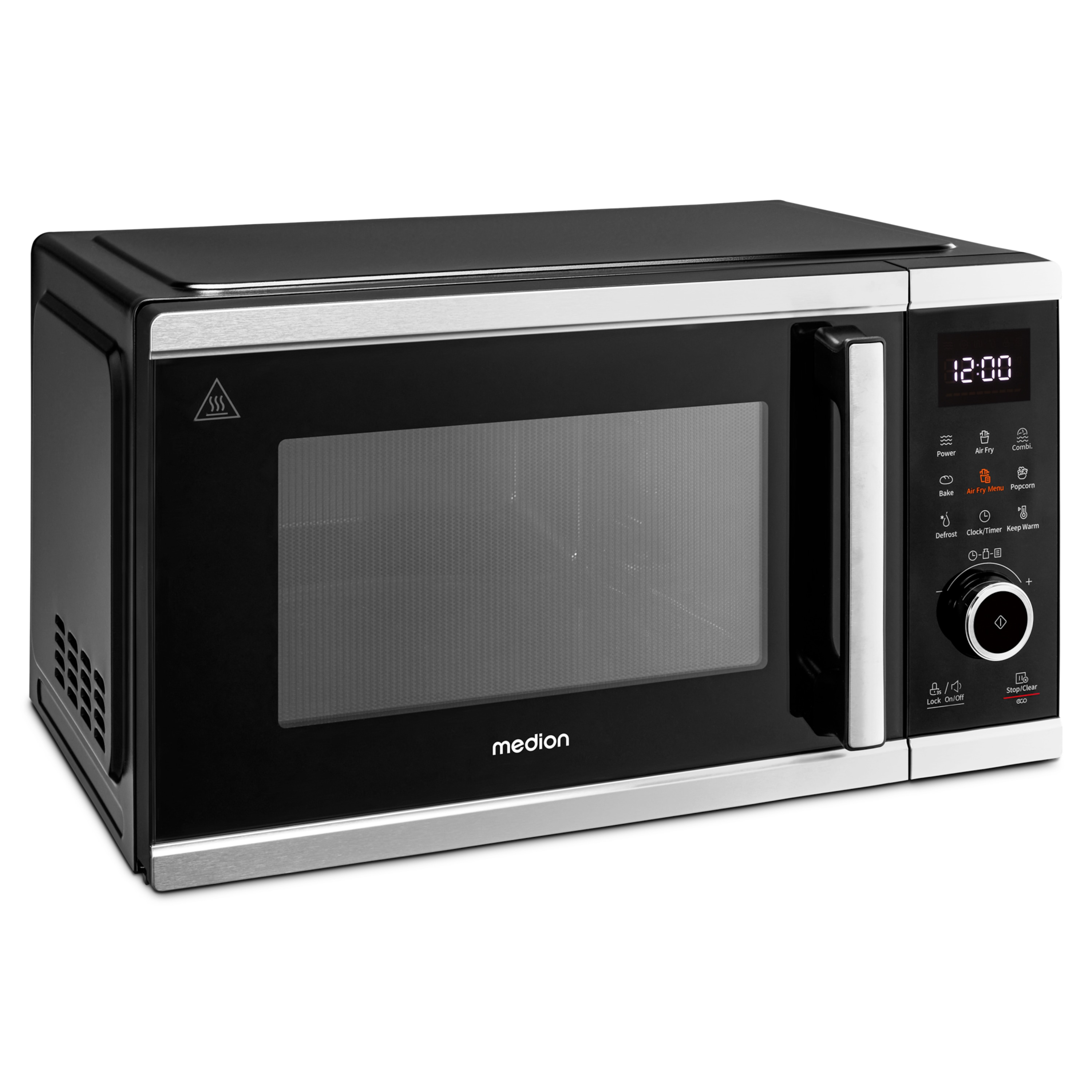Un horno microondas Medion negro y plateado. Tiene un reloj digital, botones de control y un asa. La marca es visible.