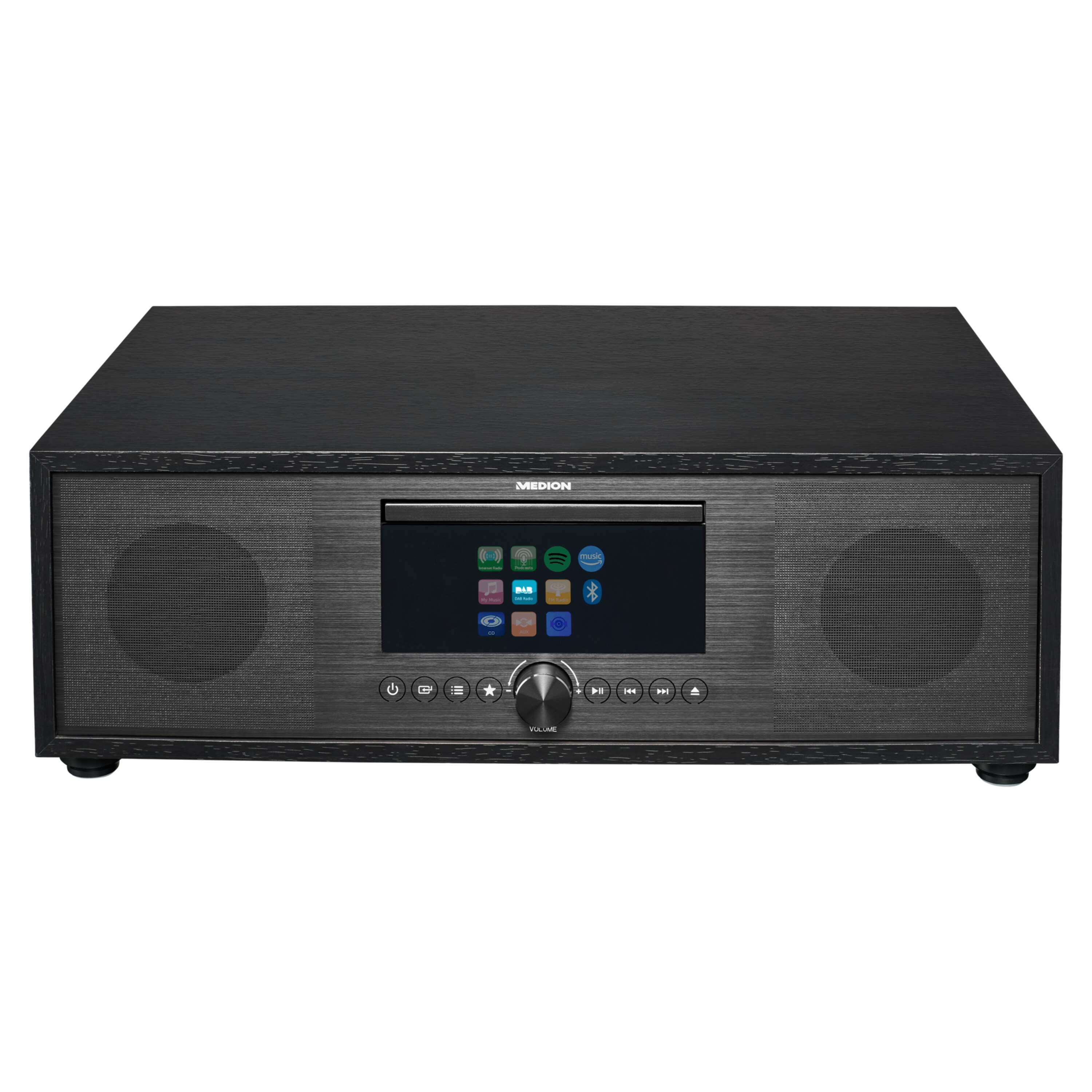 Czarny system audio z ekranem, głośnikami i elementami sterującymi. Posiada pokrętło głośności i przyciski funkcyjne.