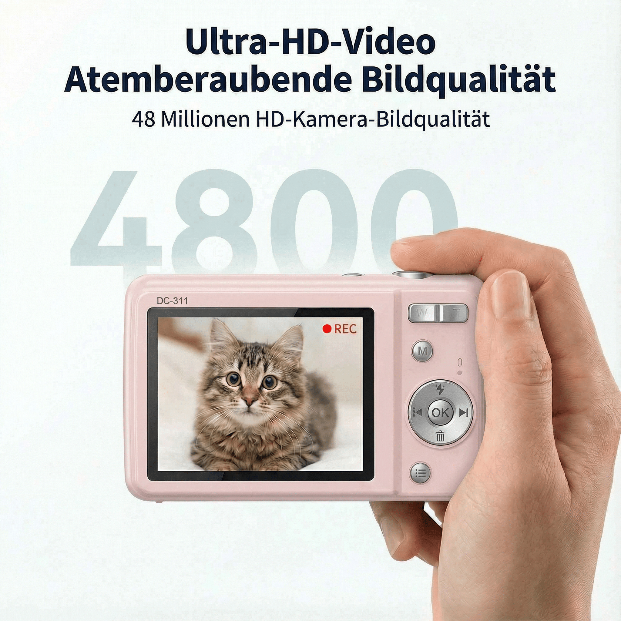 Eine rosa Kamera zeigt ein Katzenfoto. Hand, die die Kamera hält. Text: Ultra-HD-Video, 48 Millionen.
