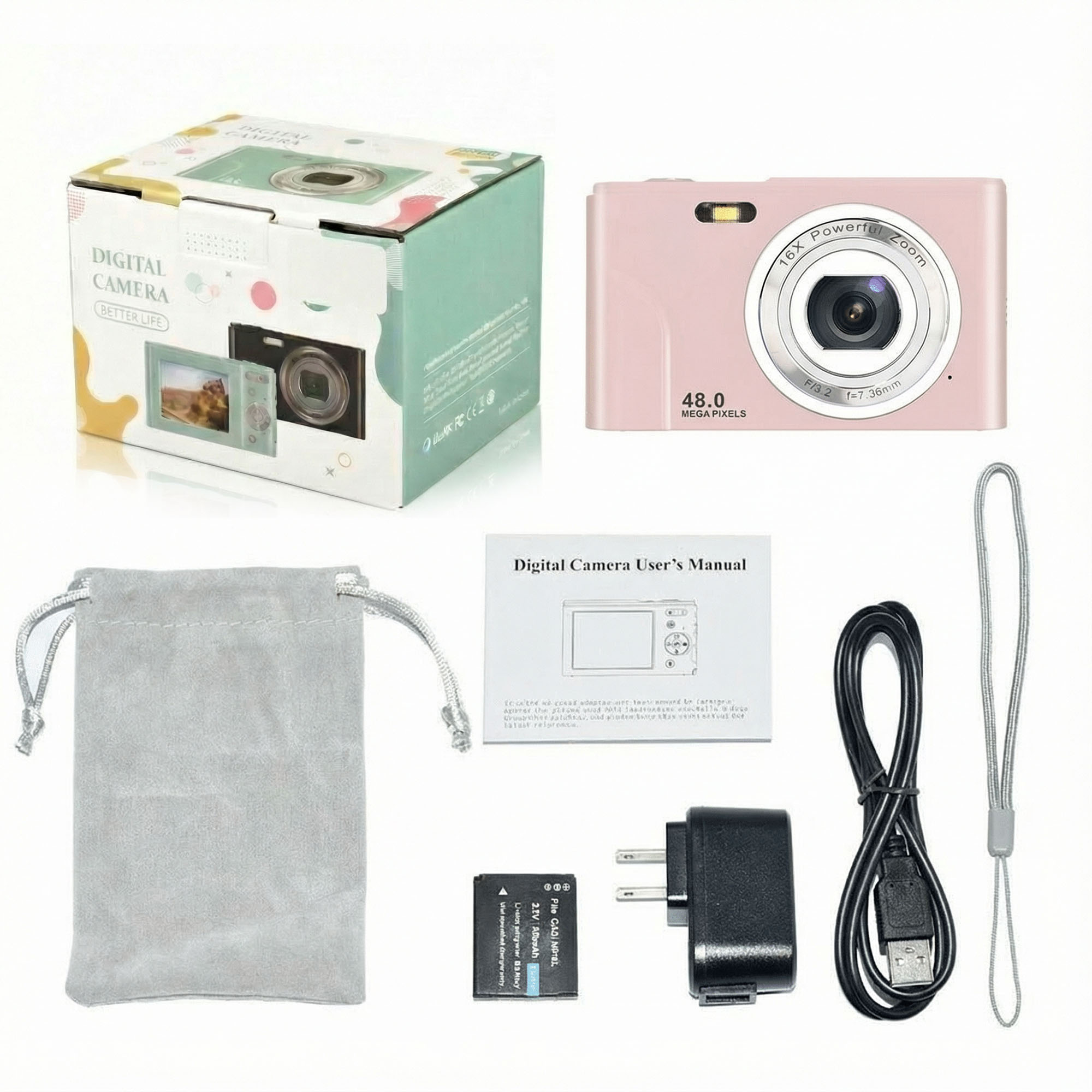 Eine rosa Digitalkamera mit Zubehör, darunter eine Box, ein Beutel, ein Akku, ein Ladegerät, ein Handbuch und ein Gurt, liegen auf weißem Untergrund.