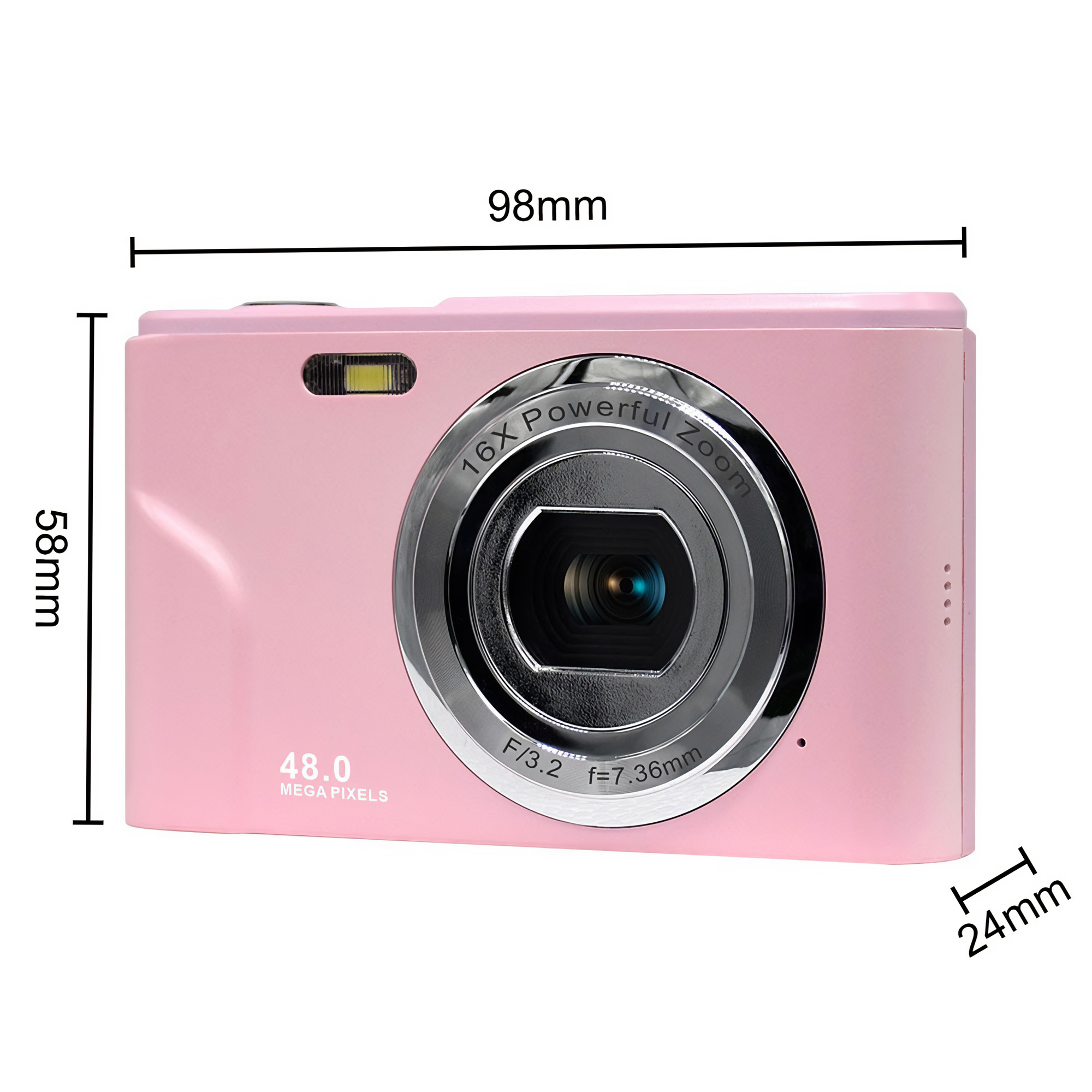 Eine rosa Digitalkamera mit Maßangaben. Sie verfügt über ein Objektiv, einen Blitz und Text mit 16-fachem Zoom und 48,0 Megapixeln.