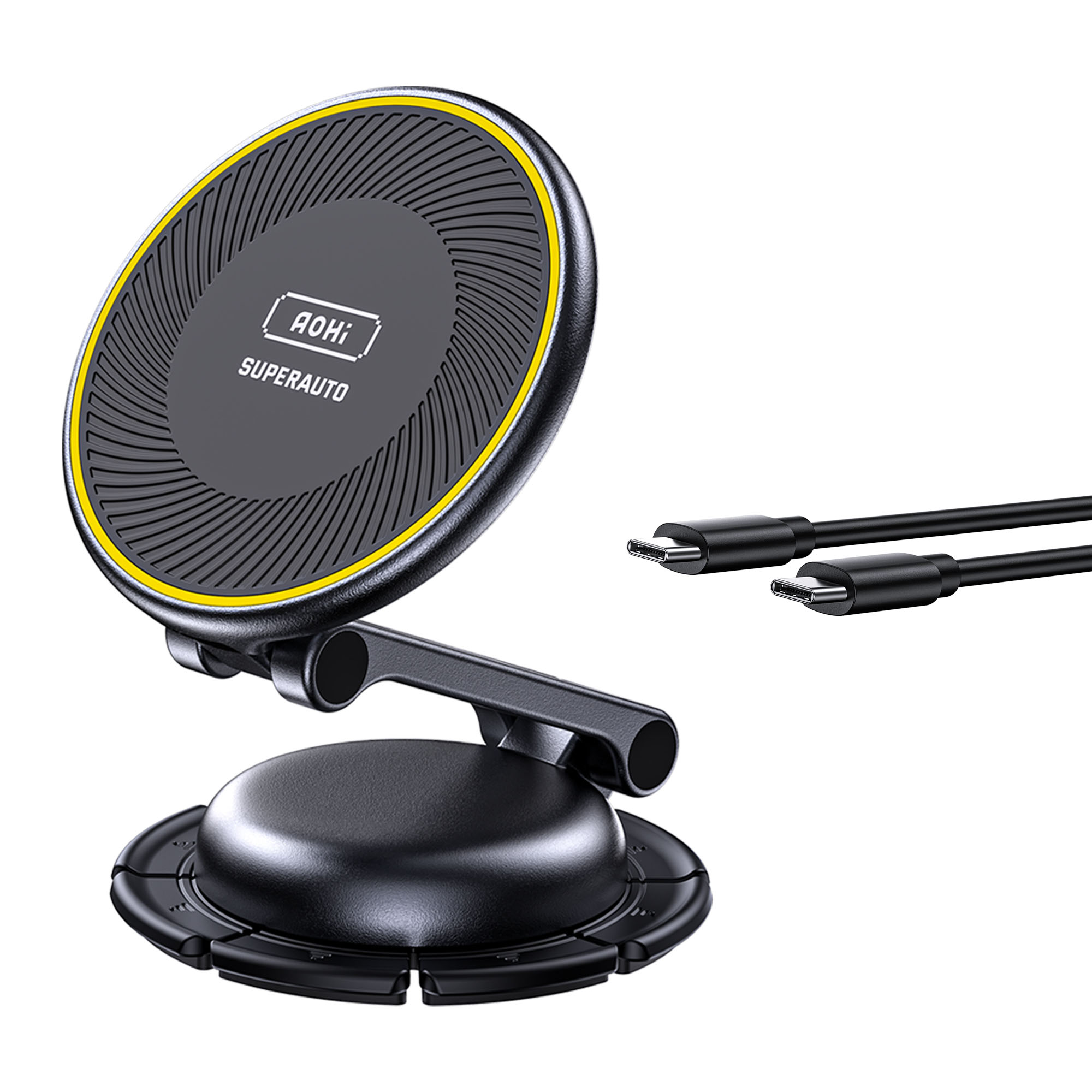 Sarı kenarlı siyah kablosuz şarj cihazı. Sağda iki siyah USB-C kablosu. Marka adı AOHi Superauto.