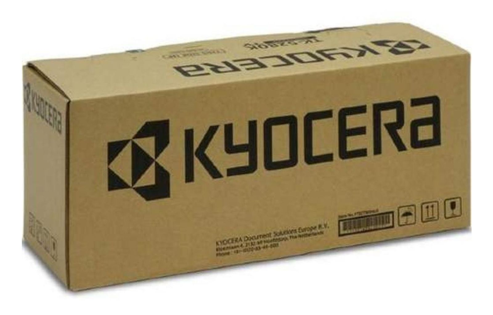 Kartonowe pudełko z logo Kyocera. Ma czarny tekst i symbole. Pudełko jest jasno brązowe.