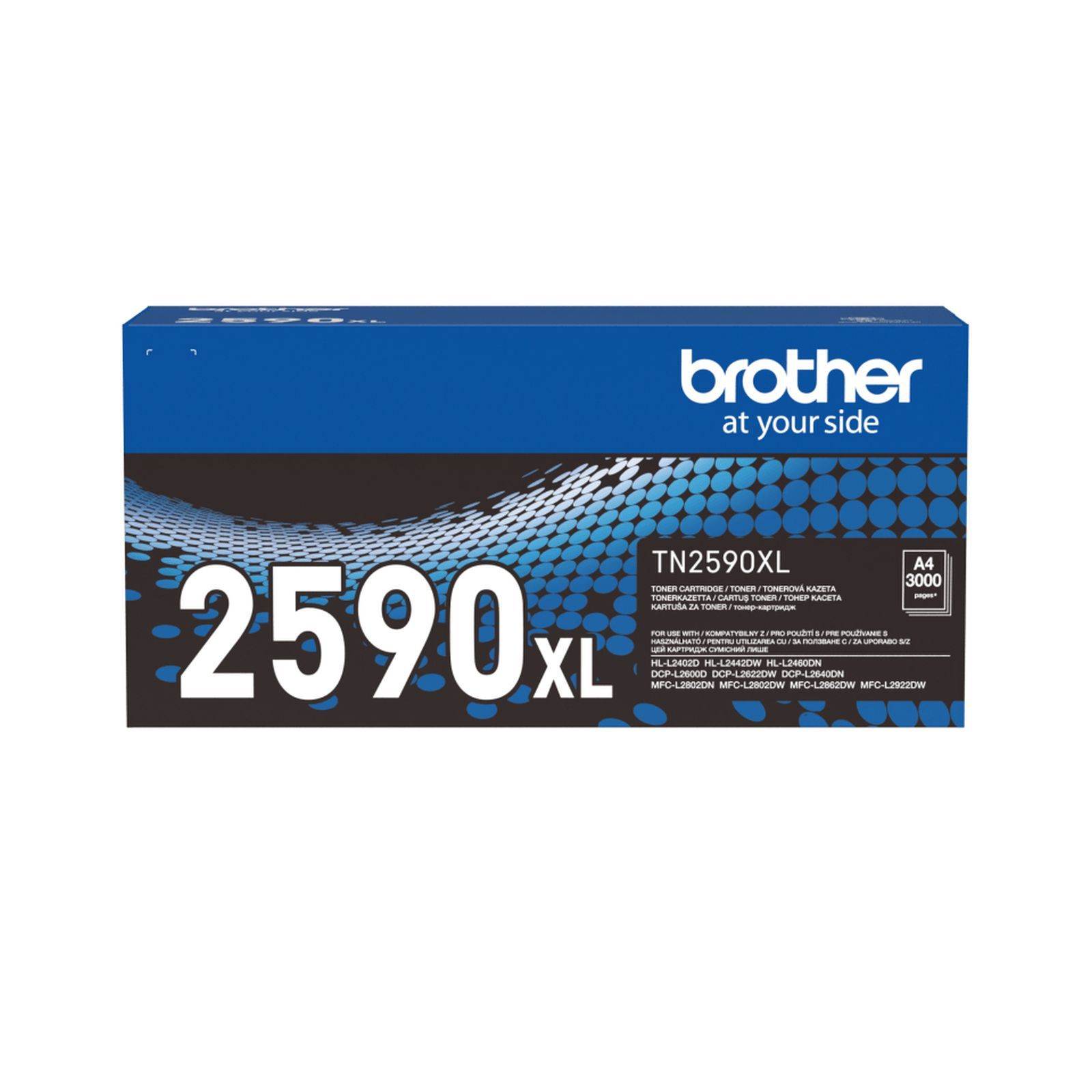 Pudełko z tonerem Brother TN2590XL. Jest niebieskie i białe z logo Brother i informacjami o produkcie.