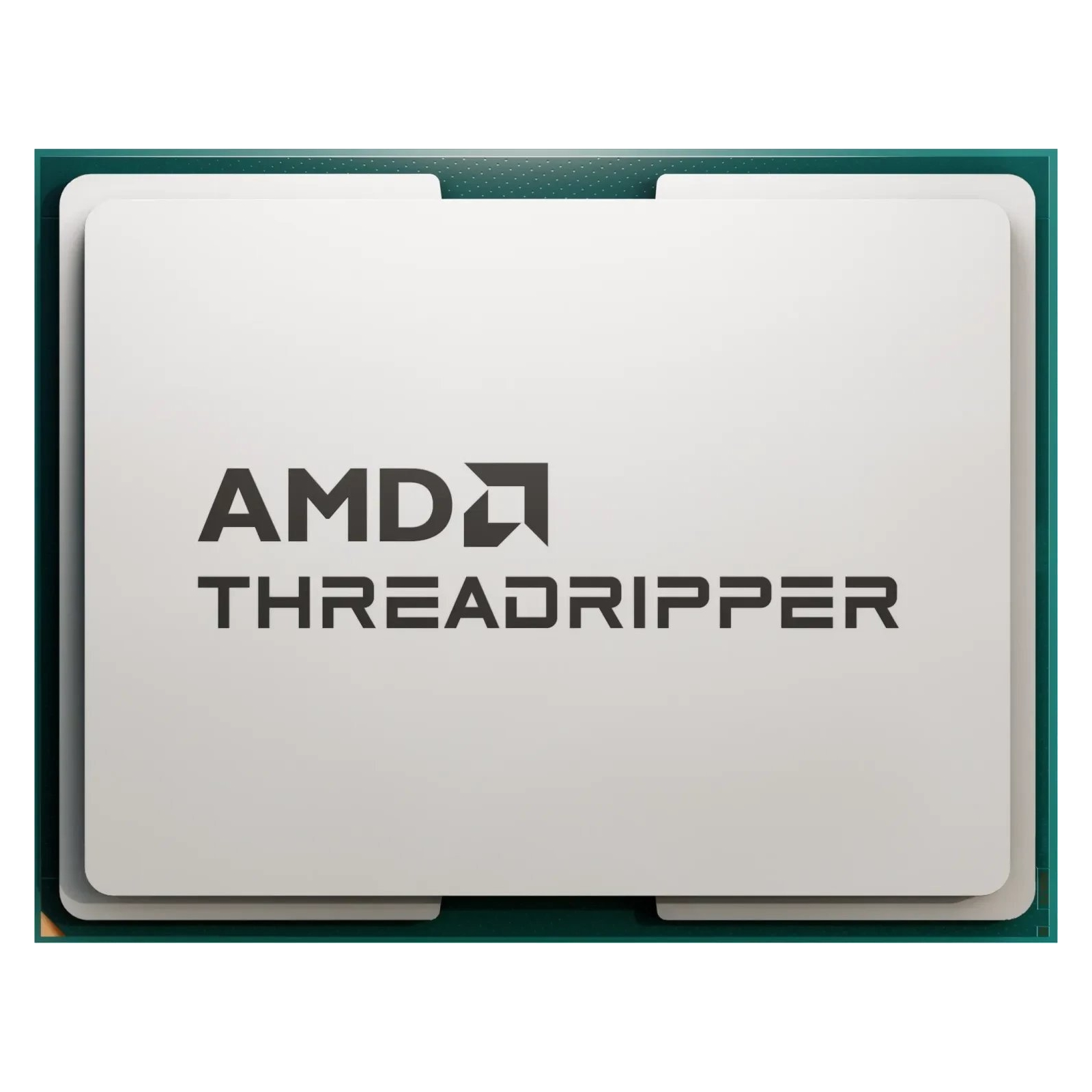 Una CPU AMD Threadripper. Ha un centro bianco con logo e testo neri. È circondato da una cornice verde.