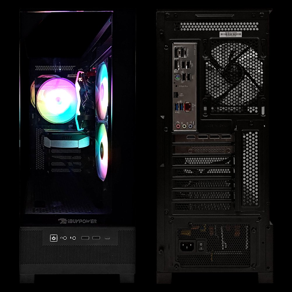 Se muestra una caja de computadora, dividida en vistas frontal y posterior. La parte frontal muestra componentes internos con luces de colores.